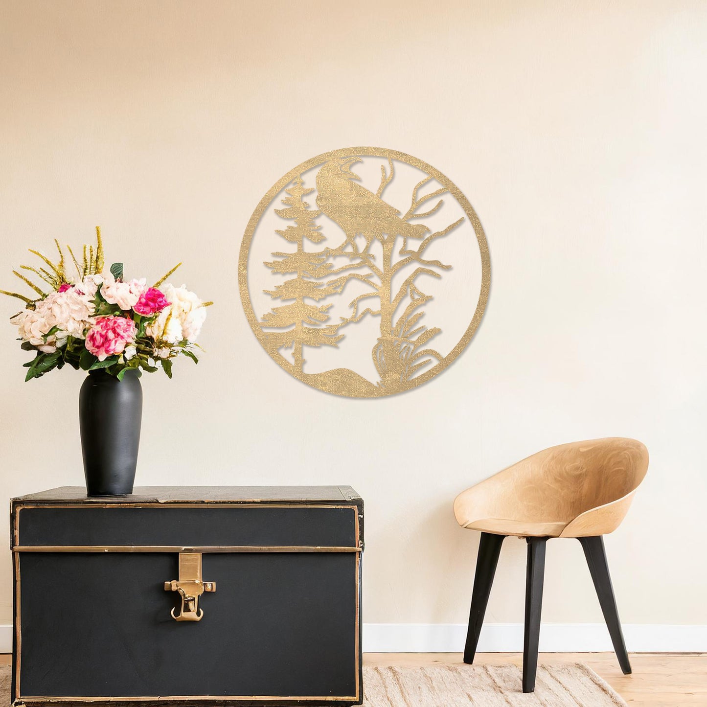Wooden wall art featuring a circular design with a silhouette of a bird perched on a tree surrounded by natural elements. The artwork is displayed on a neutral wall within modern room decor, highlighting its rustic and nature-inspired design.