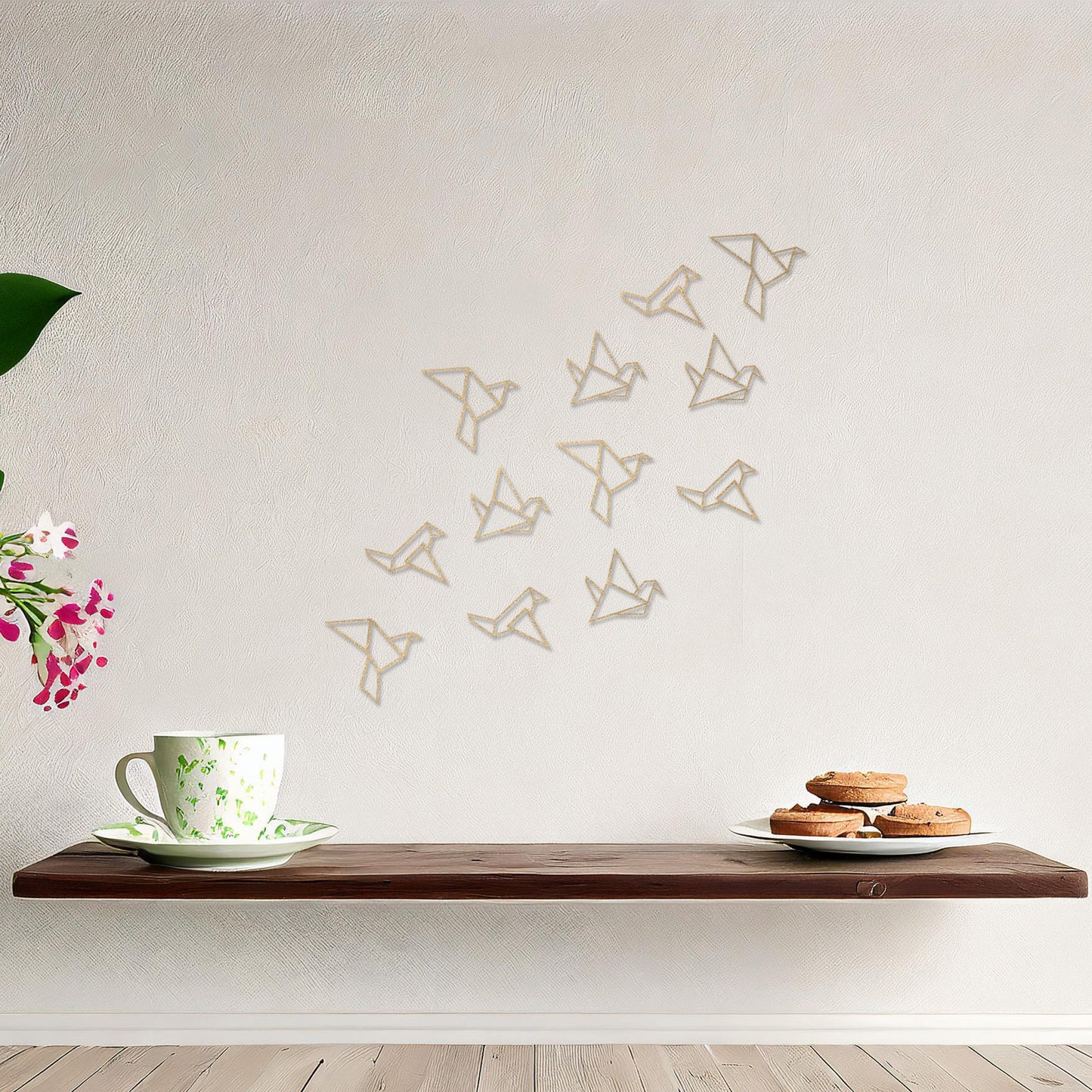 Wooden wall art featuring a flock of geometric bird designs in a scattered arrangement, creating a sense of movement. The artwork is displayed on a neutral wall within modern room decor, highlighting its dynamic and minimalist aesthetic.