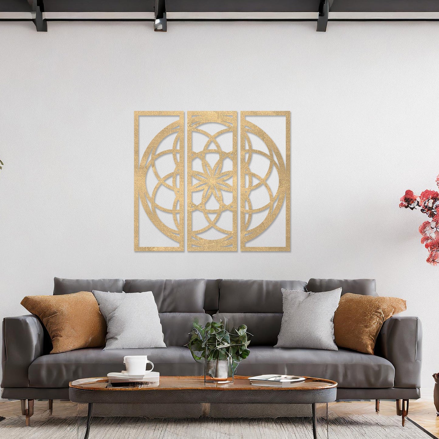 Wall art featuring a triptych design with an intricate geometric pattern of interlocking circles and floral elements. The artwork is displayed on a neutral wall within modern decor, adding a balanced and artistic focal point to the space.