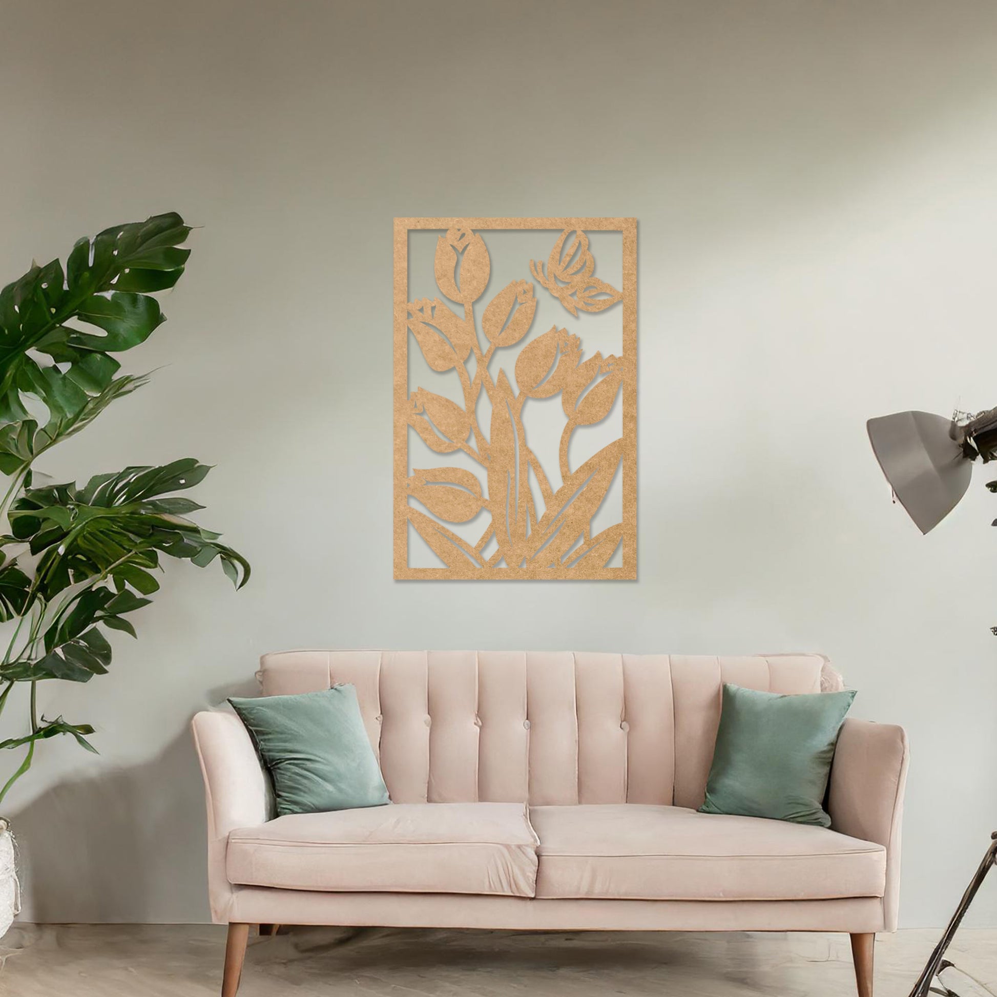 Wooden wall art design featuring tulips with a butterfly, framed in a rectangular shape, placed on a neutral wall within modern room decor. The design captures the beauty of nature with detailed plant and insect motifs.