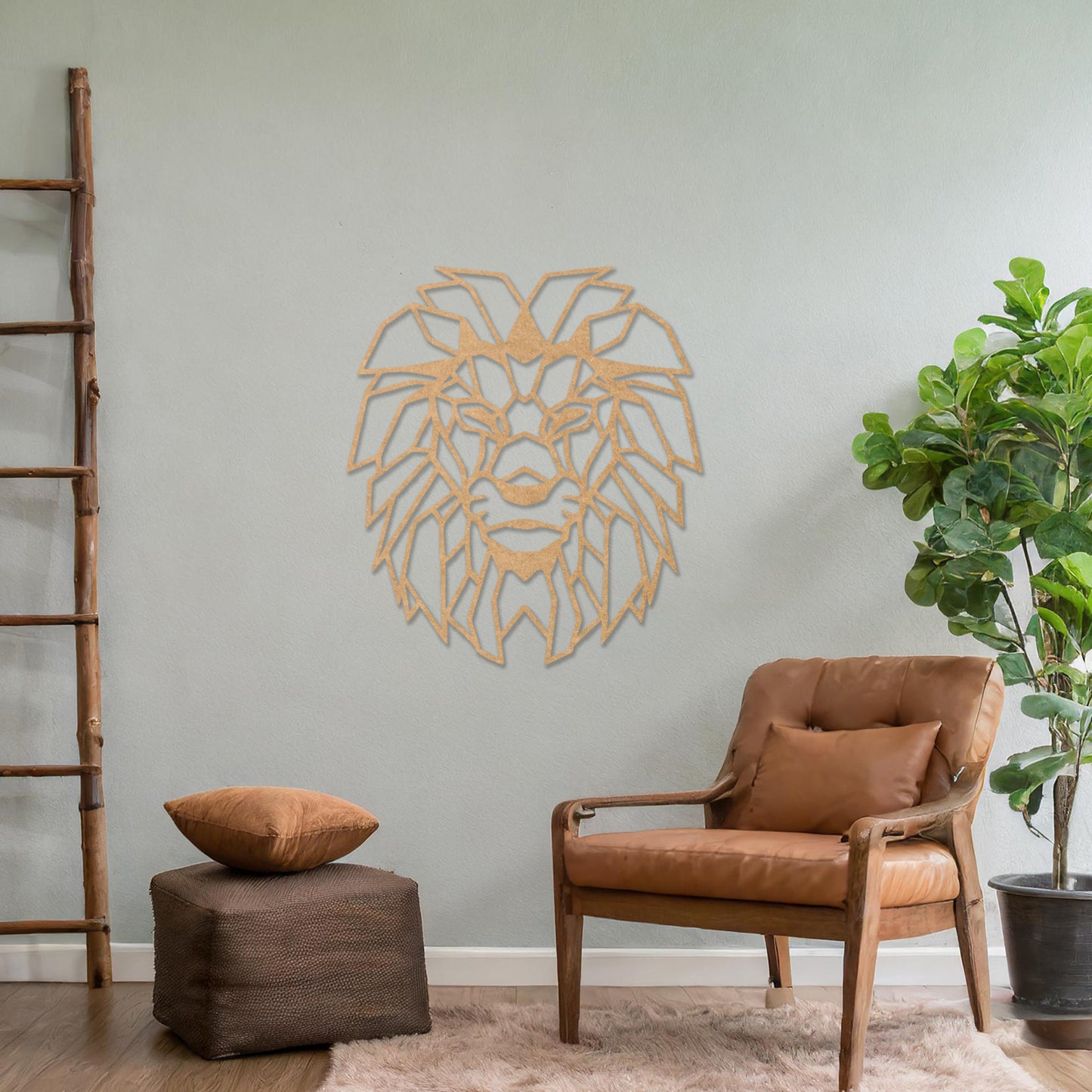 Wooden wall art showcasing a geometric lion head design with sharp, angular details, displayed on a neutral wall within modern room decor, emphasising its bold and striking craftsmanship.