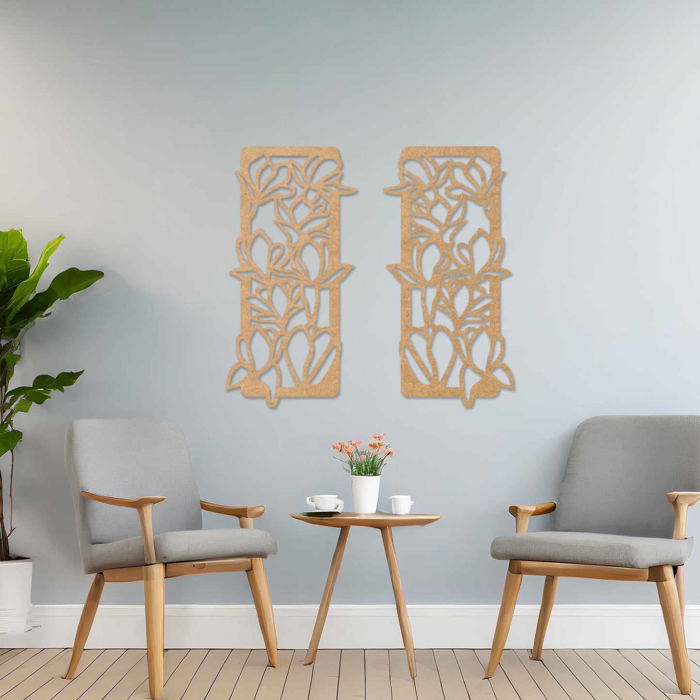 Wooden wall art featuring two rectangular panels with a floral vine design, displayed on a neutral wall within modern room decor, highlighting its elegant and nature-inspired craftsmanship.