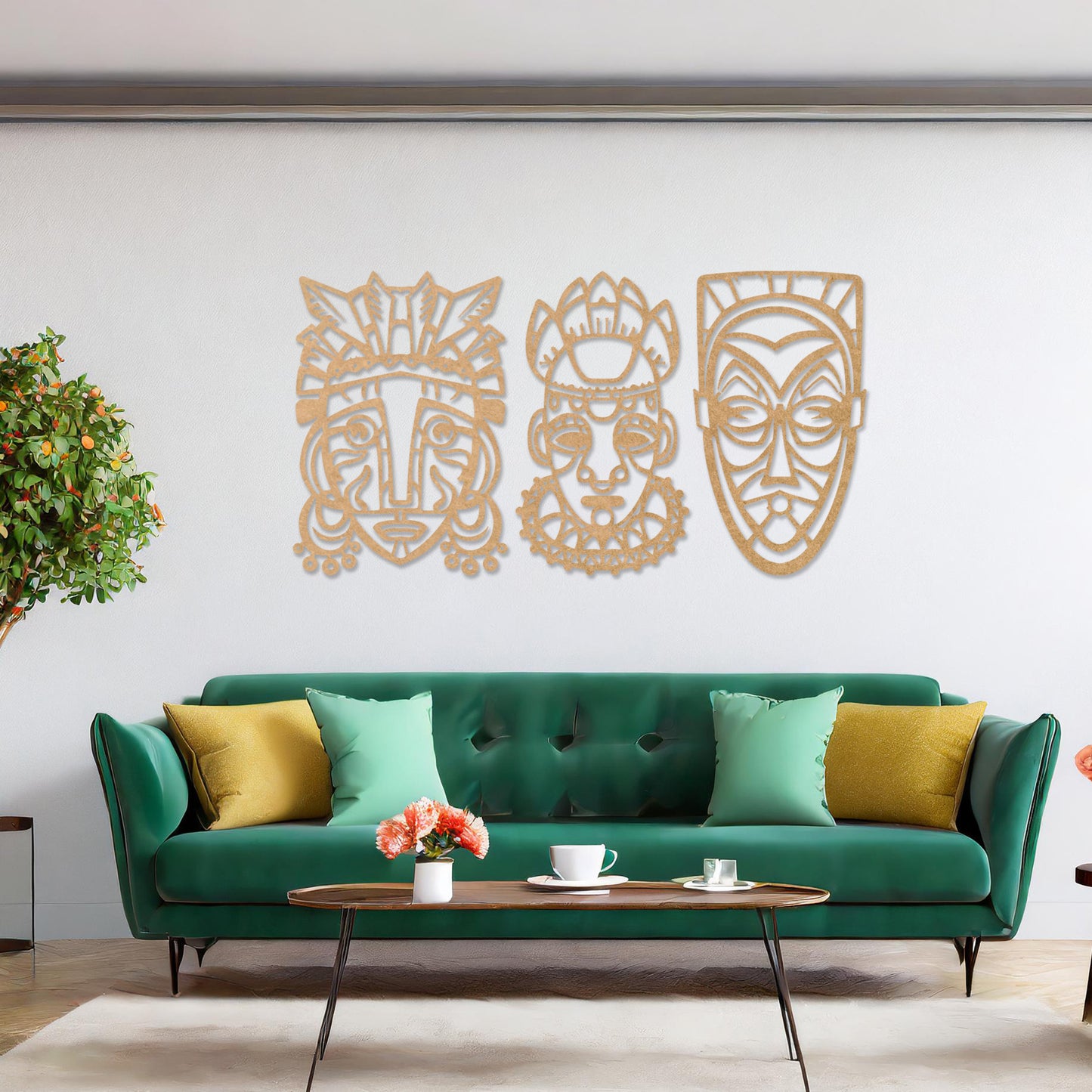 This is a wall art design featuring three tribal masks with intricate details, displayed on a neutral wall. The masks' features and patterns create an eye-catching, cultural focal point, enhancing the modern room's decor.