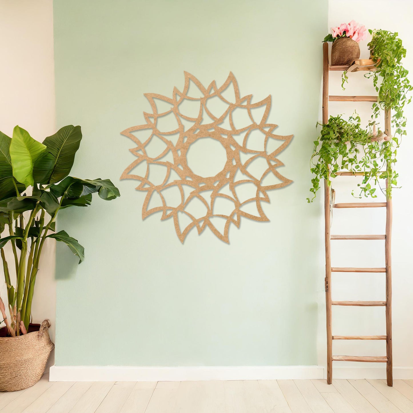 Wooden wall art featuring a circular mandala-inspired design with intricate petal-like patterns, displayed on a neutral wall within modern room decor, showcasing its elegant and detailed craftsmanship.