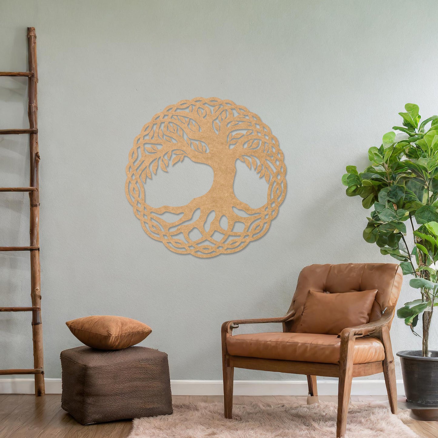Wooden wall art featuring a circular tree of life design with intertwined roots and branches, displayed on a neutral wall within modern room decor, highlighting its symbolic and intricate craftsmanship.