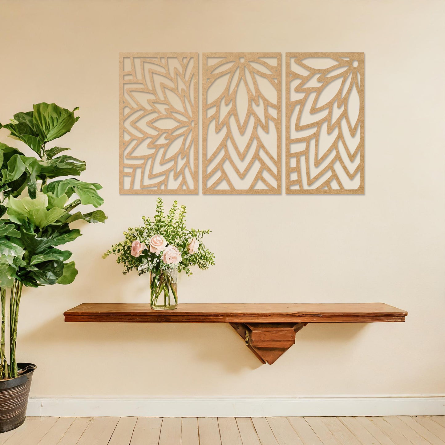 Wooden wall art featuring a three-panel floral-inspired geometric design, displayed on a neutral wall within modern room decor, highlighting its intricate patterns and contemporary craftsmanship.