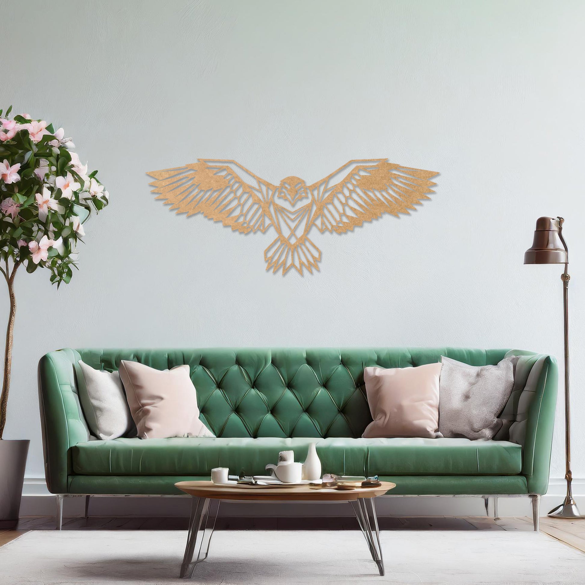 Wooden wall art showcasing a geometric eagle design with outstretched wings, displayed on a neutral wall within modern room decor, highlighting its bold and intricate craftsmanship.