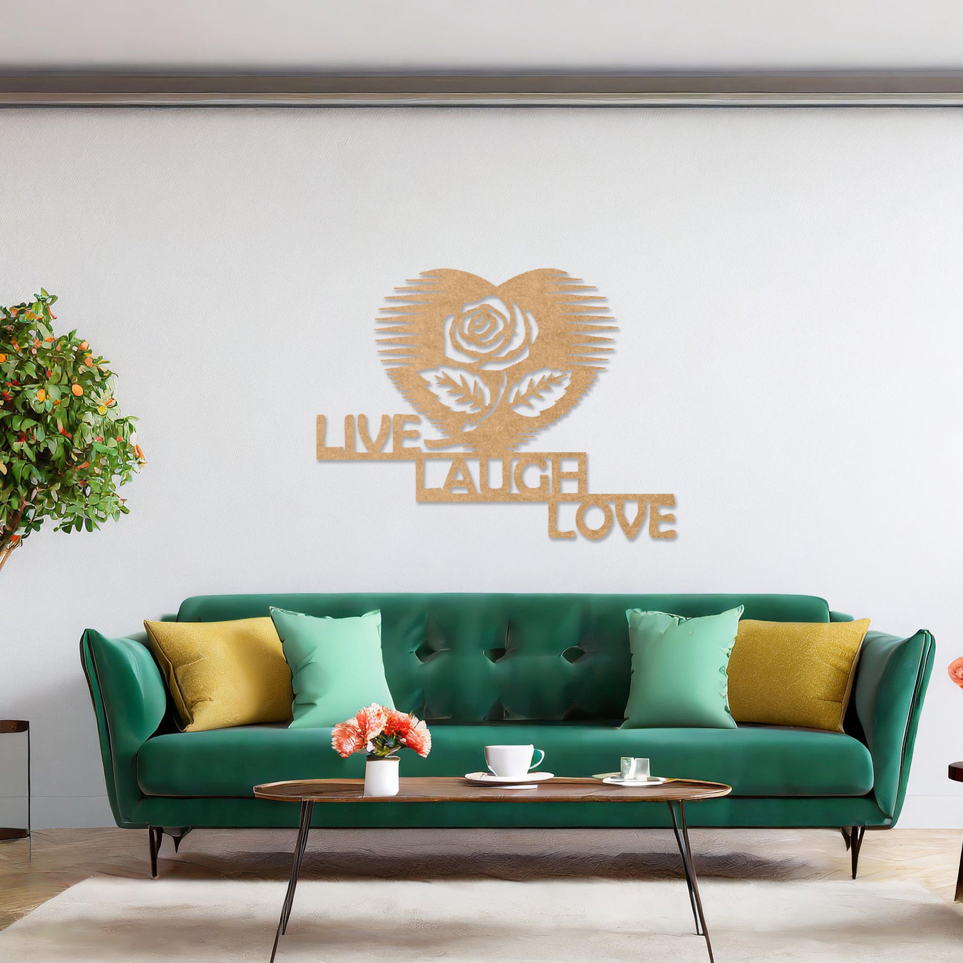 The design features the phrase "LIVE LAUGH LOVE" arranged in a staggered layout, with a rose inside a heart shape above the text. The clean, geometric lines of the text and the heart-shaped rose create a striking, modern look.