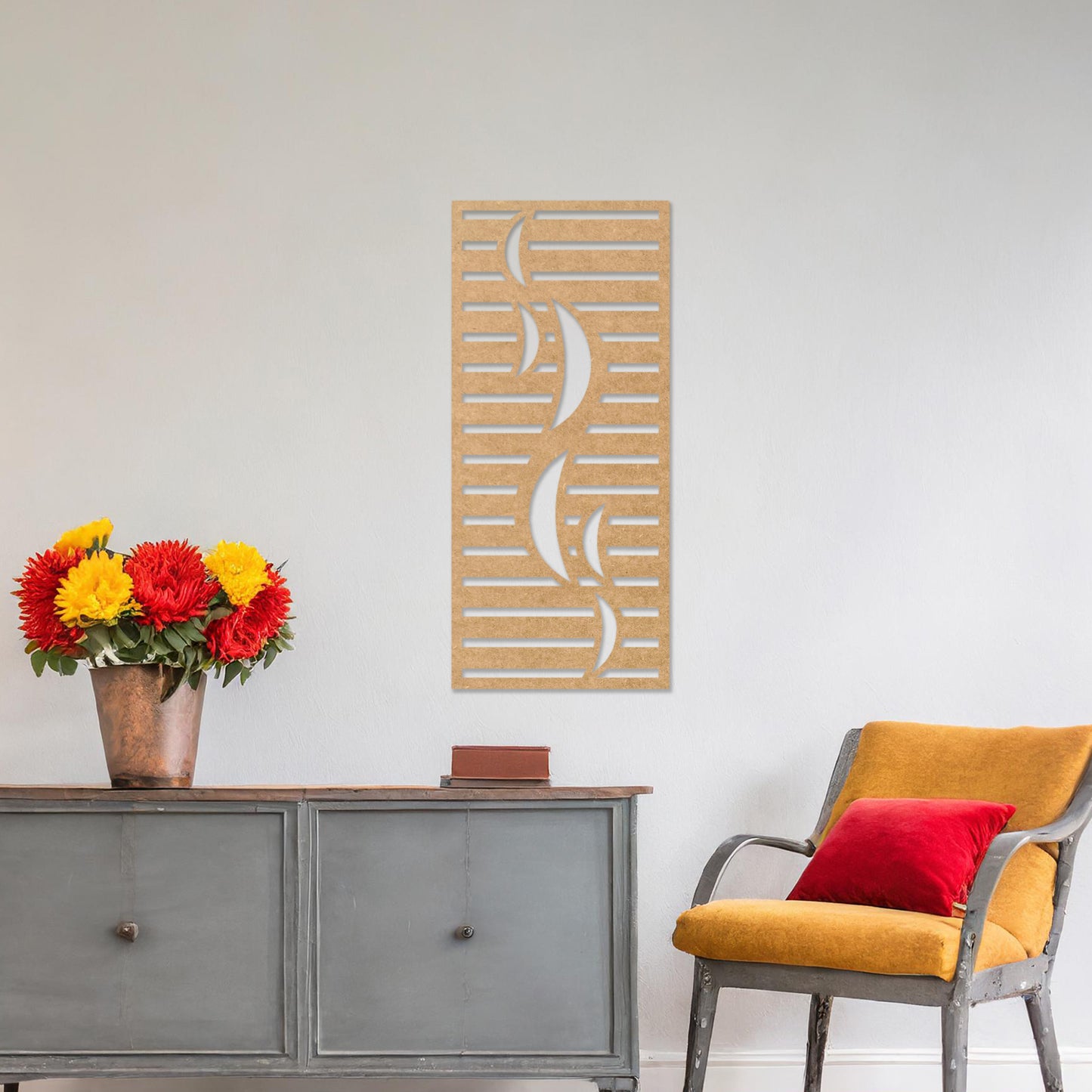 Wall art featuring a vertical design with curved lines and horizontal slats creating a balanced geometric pattern. The piece is displayed on a neutral wall within modern room decor, adding a sleek and artistic element to the space.