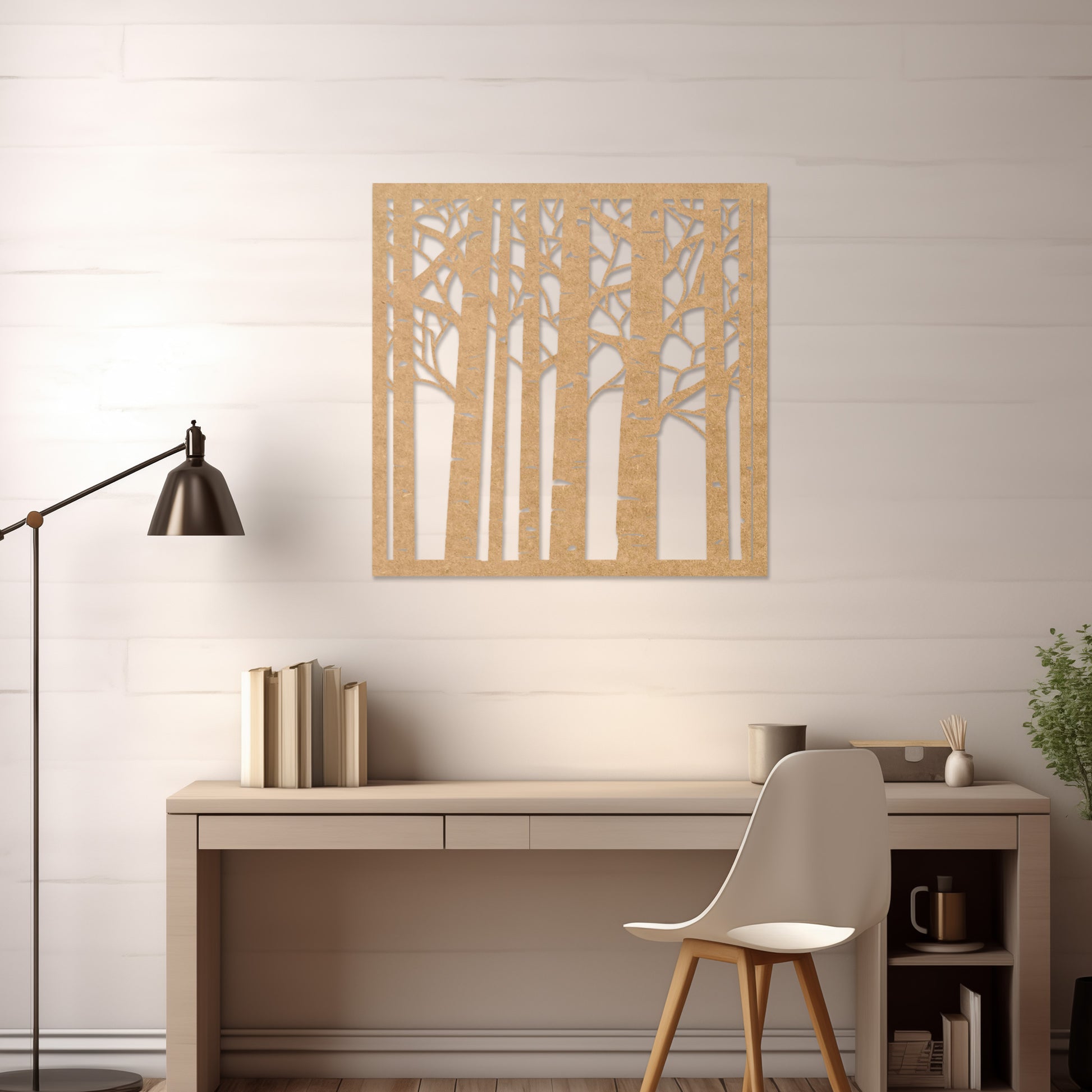 Wooden wall art featuring a square design with a forest motif of tall, slender trees and intricate branch details. The artwork is displayed on a neutral wall within modern room decor, creating a serene and nature-inspired aesthetic.