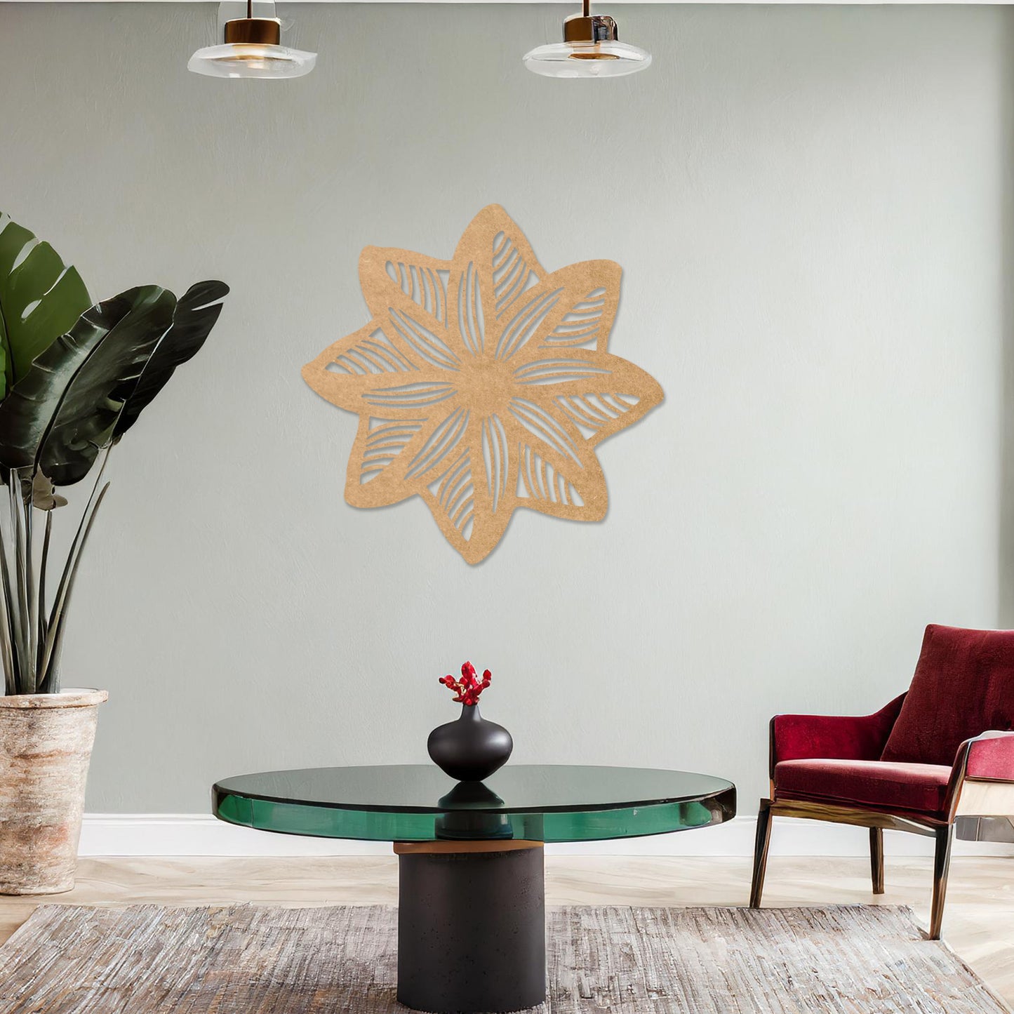 Wall art featuring a star-shaped floral design with layered petals and intricate cut-out patterns. The piece is displayed on a neutral wall within modern decor, adding a unique and decorative focal point to the space.