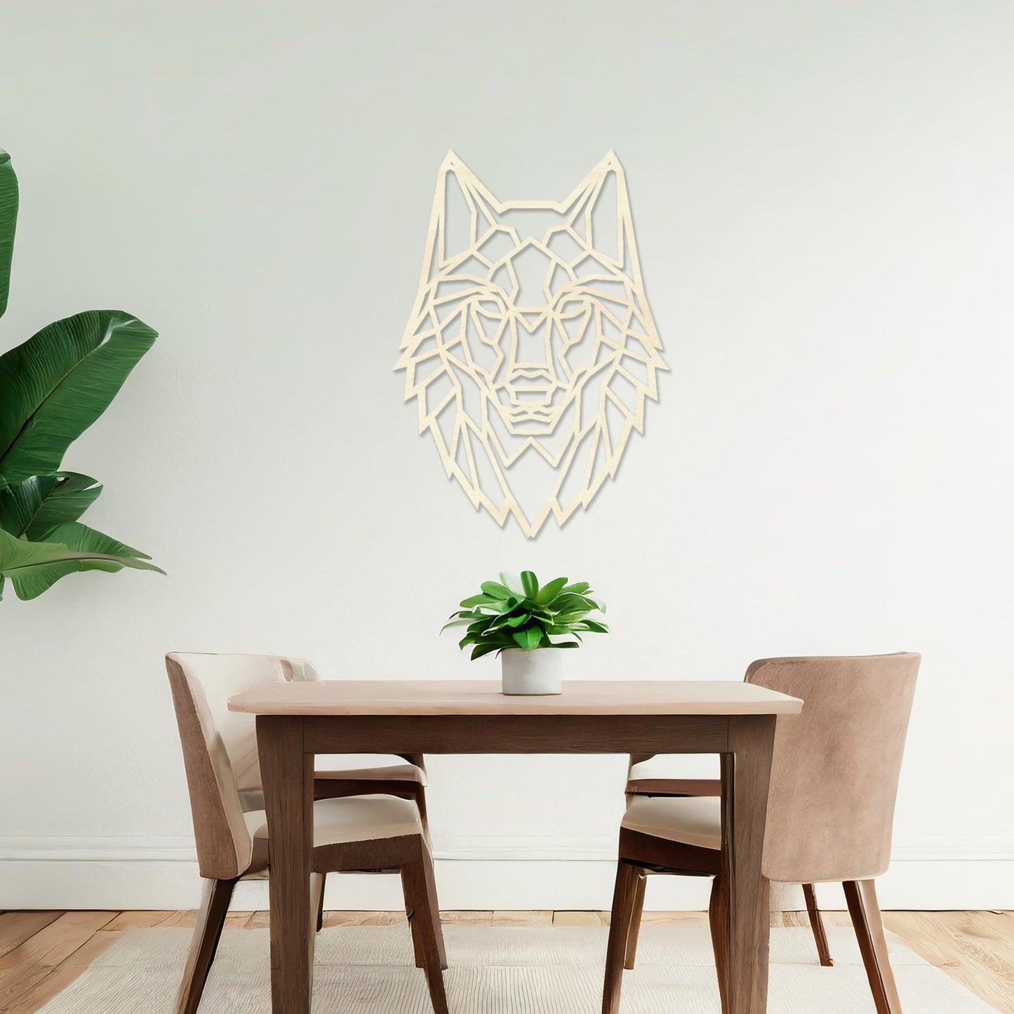 Wooden wall art featuring a geometric wolf design with sharp, angular lines. The artwork is displayed on a neutral wall within modern room decor, drawing attention to its bold and intricate pattern.