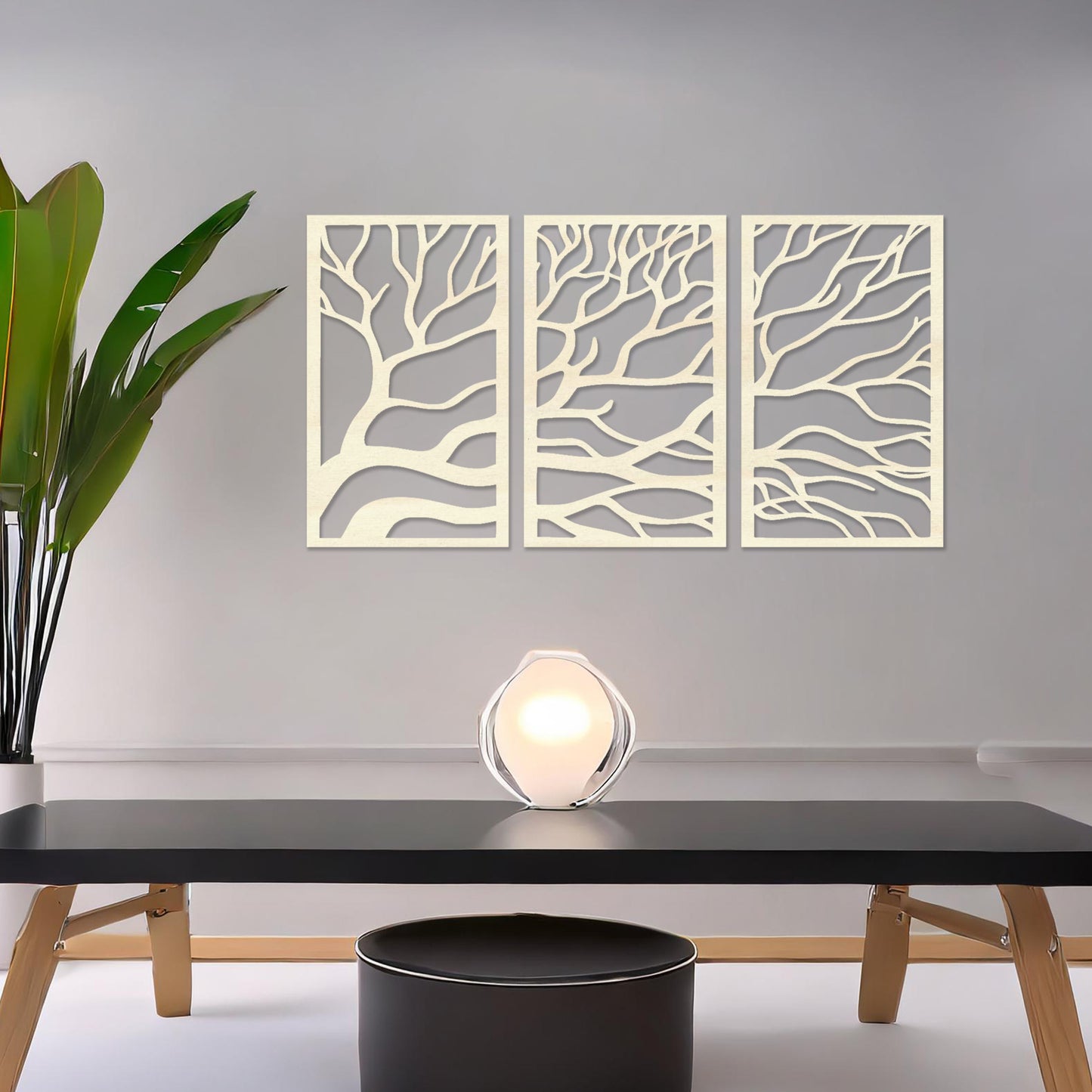 Three-panel wall art featuring intricate branching designs, creating a cohesive and flowing natural pattern. The artwork is displayed on a neutral wall in a modern room