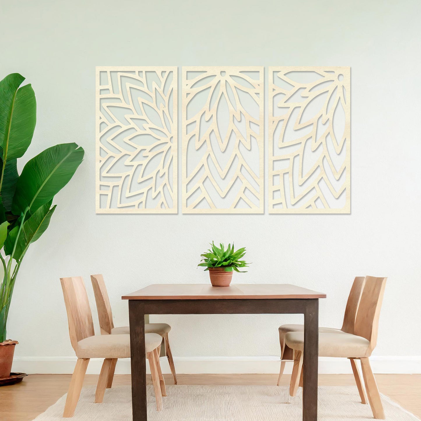 Wooden wall art featuring a three-panel floral-inspired geometric design, displayed on a neutral wall within modern room decor, highlighting its intricate patterns and contemporary craftsmanship.