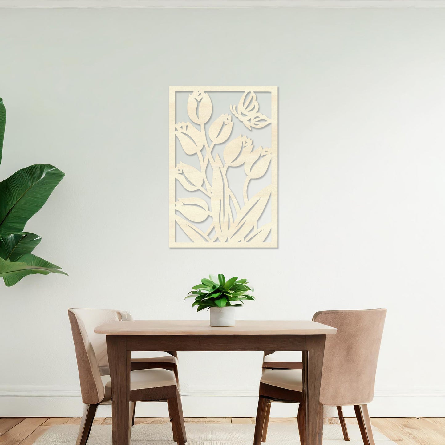 Wooden wall art design featuring tulips with a butterfly, framed in a rectangular shape, placed on a neutral wall within modern room decor. The design captures the beauty of nature with detailed plant and insect motifs.