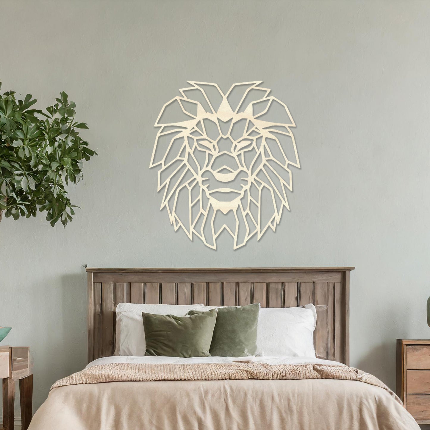 Wooden wall art showcasing a geometric lion head design with sharp, angular details, displayed on a neutral wall within modern room decor, emphasising its bold and striking craftsmanship.