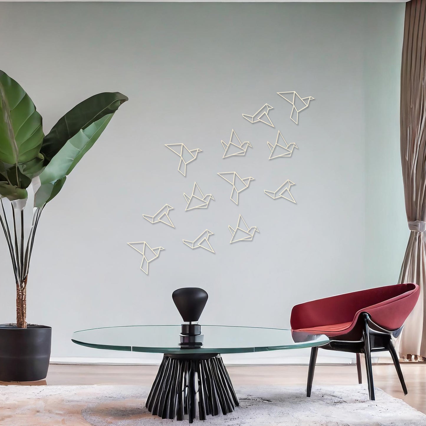 Wooden wall art featuring a flock of geometric bird designs in a scattered arrangement, creating a sense of movement. The artwork is displayed on a neutral wall within modern room decor, highlighting its dynamic and minimalist aesthetic.