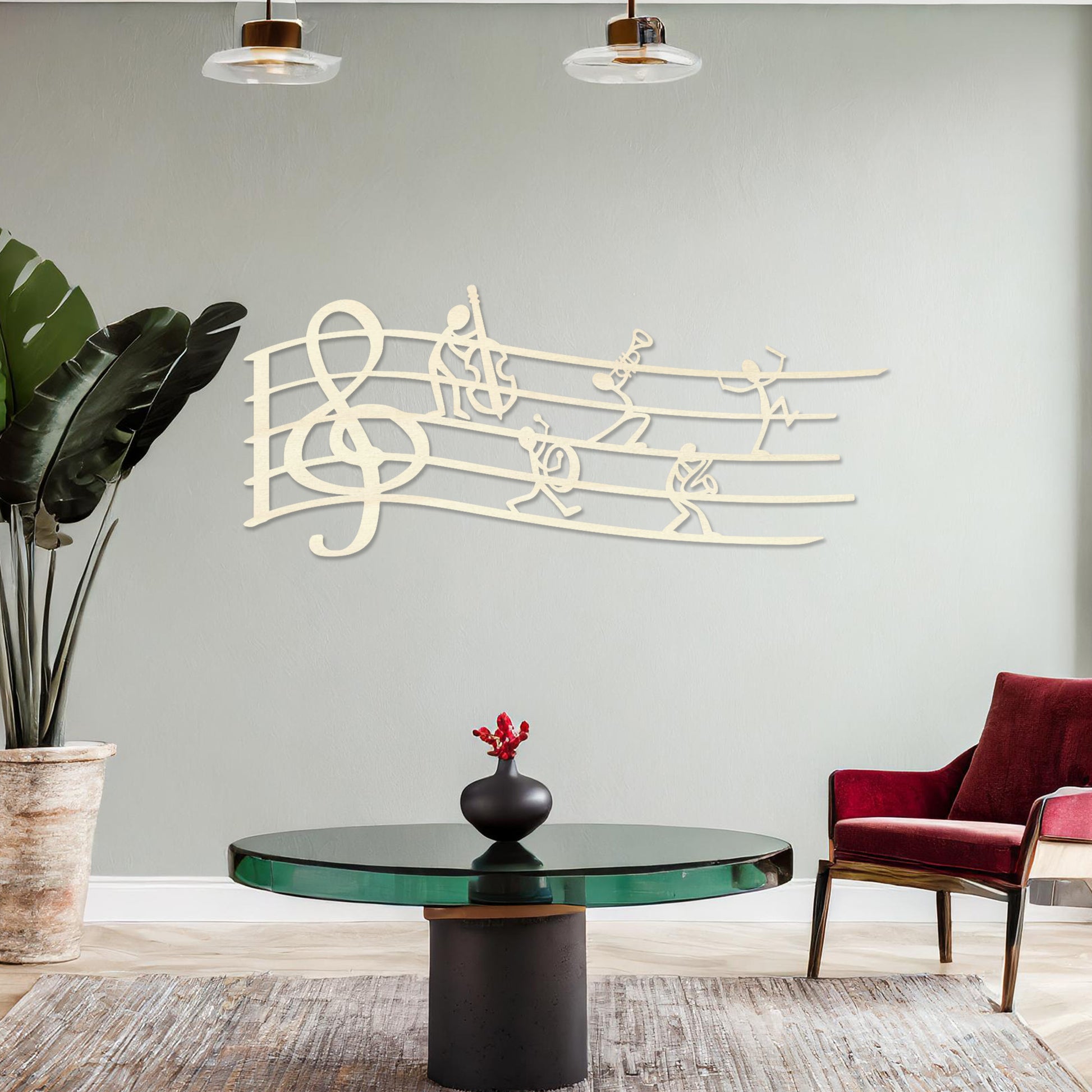 Wall art featuring a creative design of a musical staff with a treble clef and stick figures playing instruments, adding a whimsical and artistic touch. The piece is displayed on a neutral wall within modern decor, enhancing the space with musical charm.