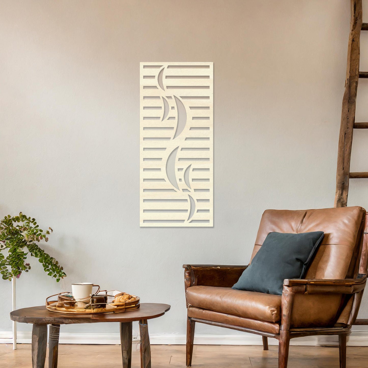 Wall art featuring a vertical design with curved lines and horizontal slats creating a balanced geometric pattern. The piece is displayed on a neutral wall within modern room decor, adding a sleek and artistic element to the space.