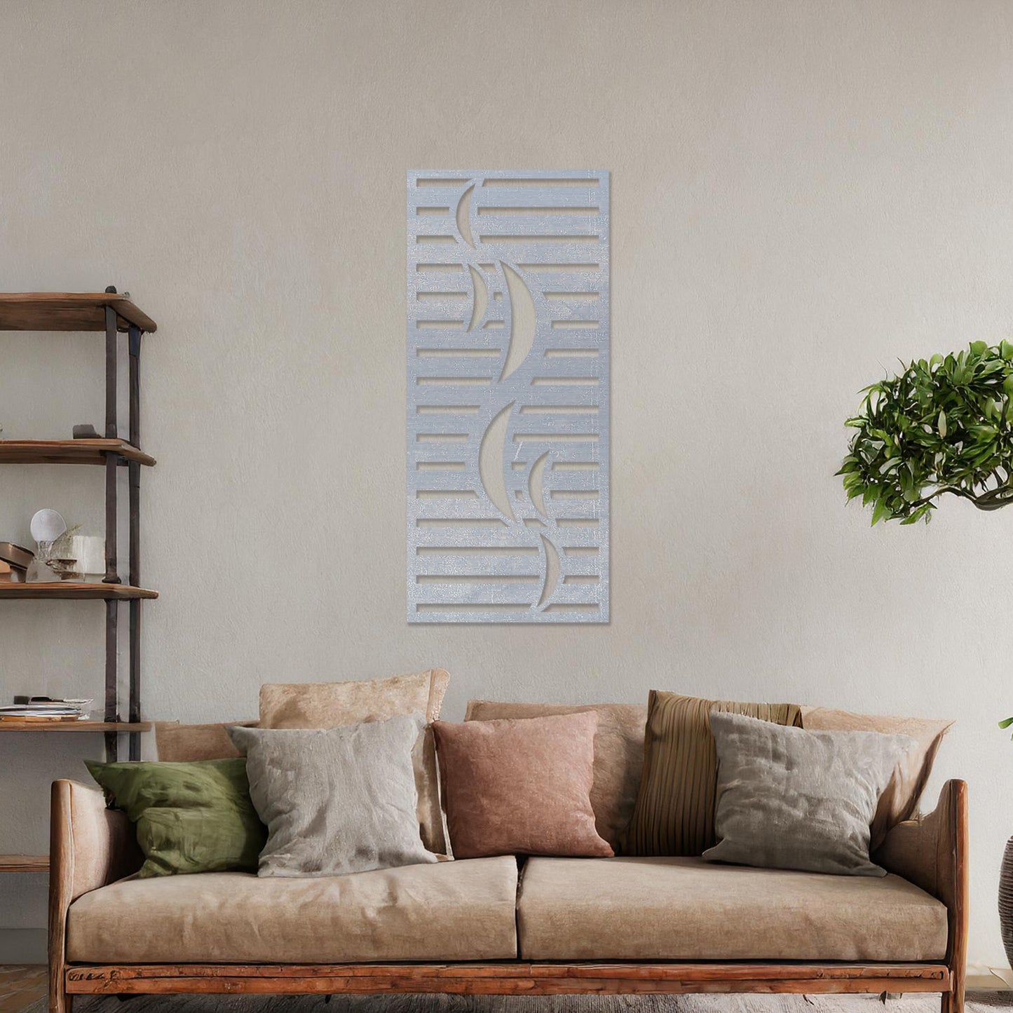Wall art featuring a vertical design with curved lines and horizontal slats creating a balanced geometric pattern. The piece is displayed on a neutral wall within modern room decor, adding a sleek and artistic element to the space.