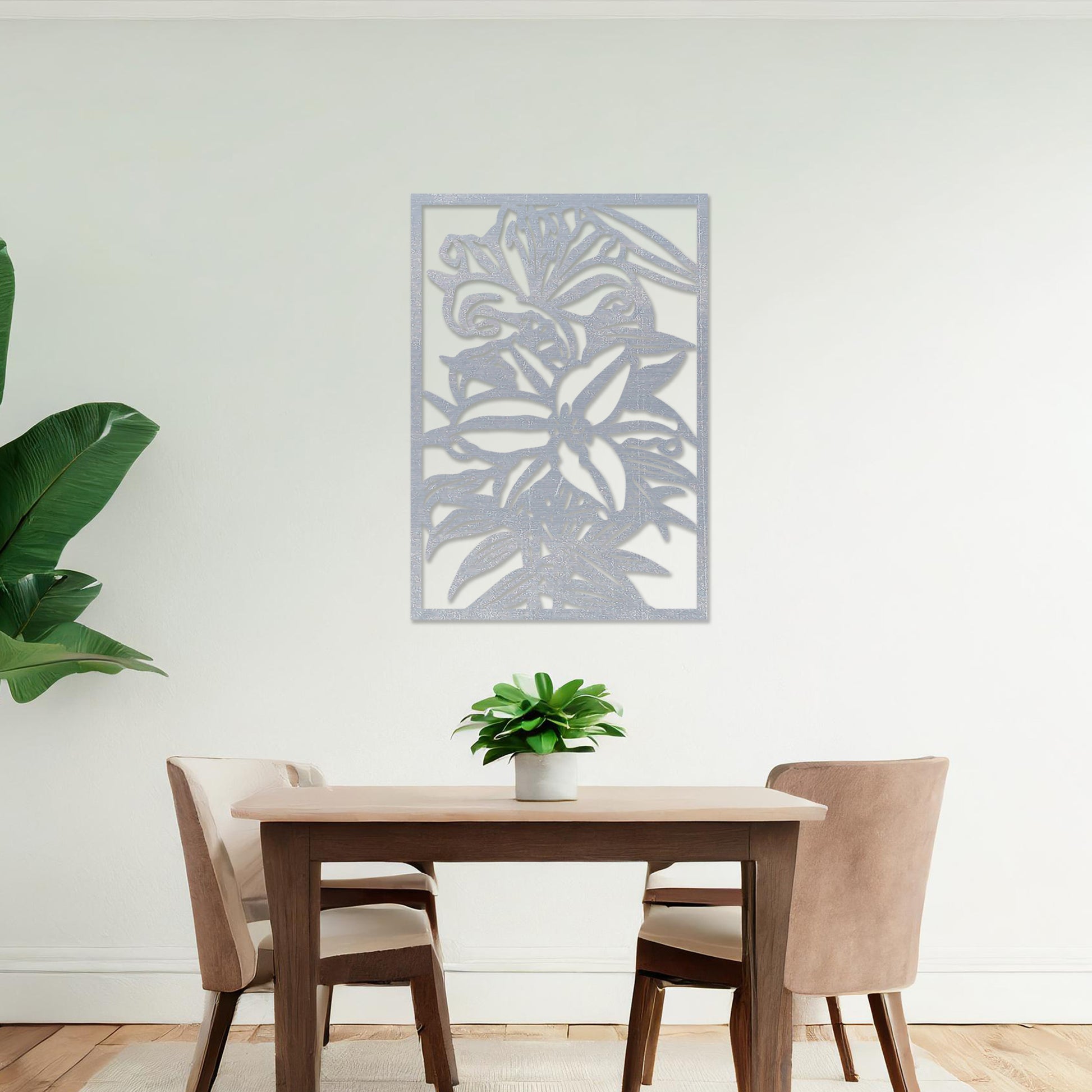 Wall art featuring a botanical design of blooming lilies with intricate details of petals and leaves. The artwork is displayed on a neutral wall within modern room decor, enhancing the space with a natural and elegant touch.