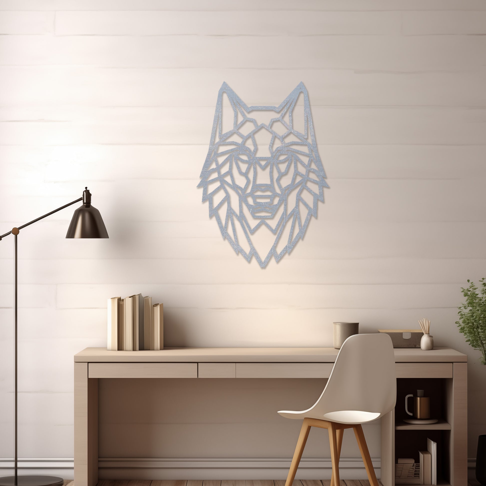 Wooden wall art featuring a geometric wolf design with sharp, angular lines. The artwork is displayed on a neutral wall within modern room decor, drawing attention to its bold and intricate pattern.