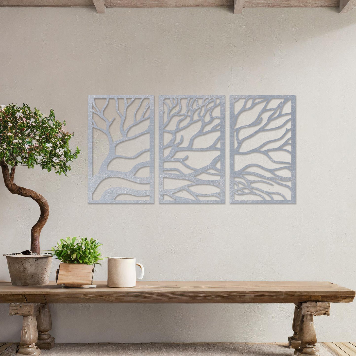 Three-panel wall art featuring intricate branching designs, creating a cohesive and flowing natural pattern. The artwork is displayed on a neutral wall in a modern room