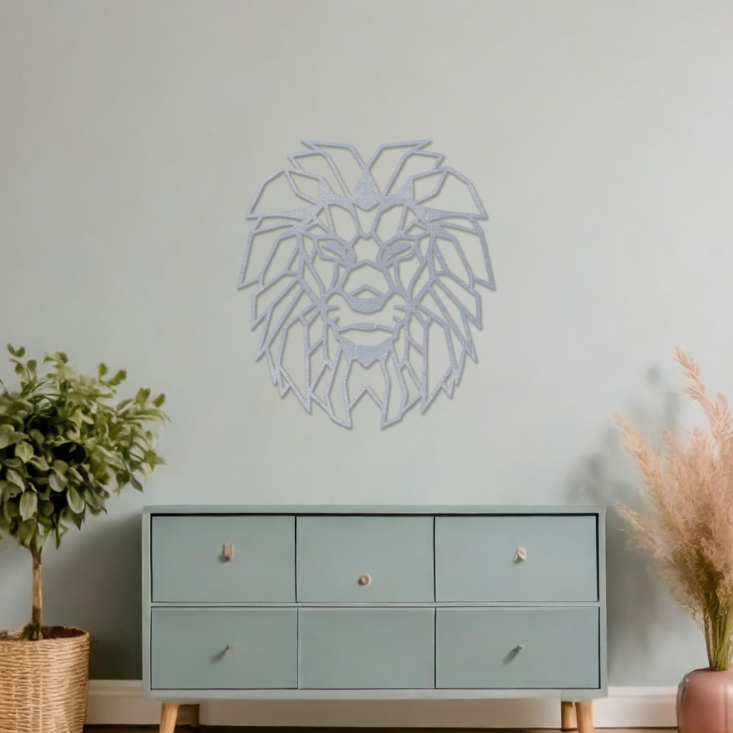Wooden wall art showcasing a geometric lion head design with sharp, angular details, displayed on a neutral wall within modern room decor, emphasising its bold and striking craftsmanship.