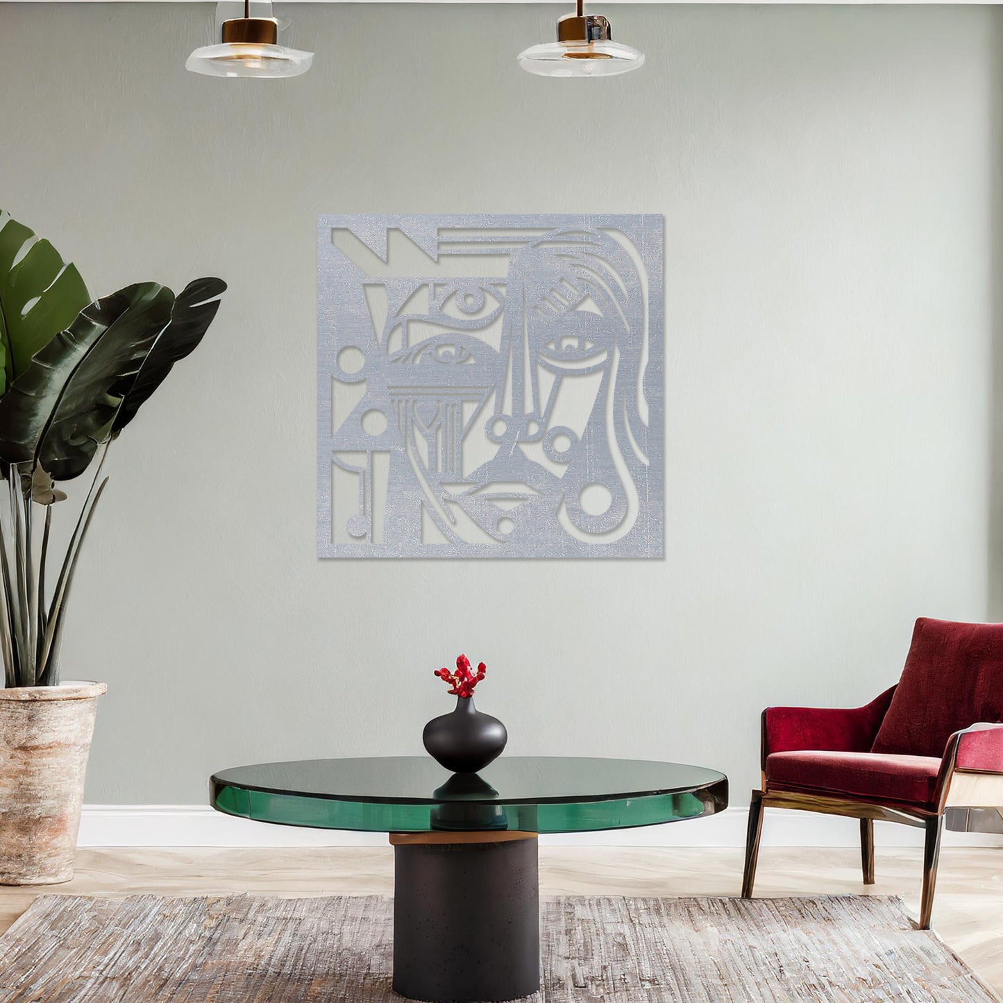 Wall art featuring an abstract face design with intricate geometric patterns and bold linework. The piece is displayed on a neutral wall within modern decor, adding a striking and artistic focal point to the space.