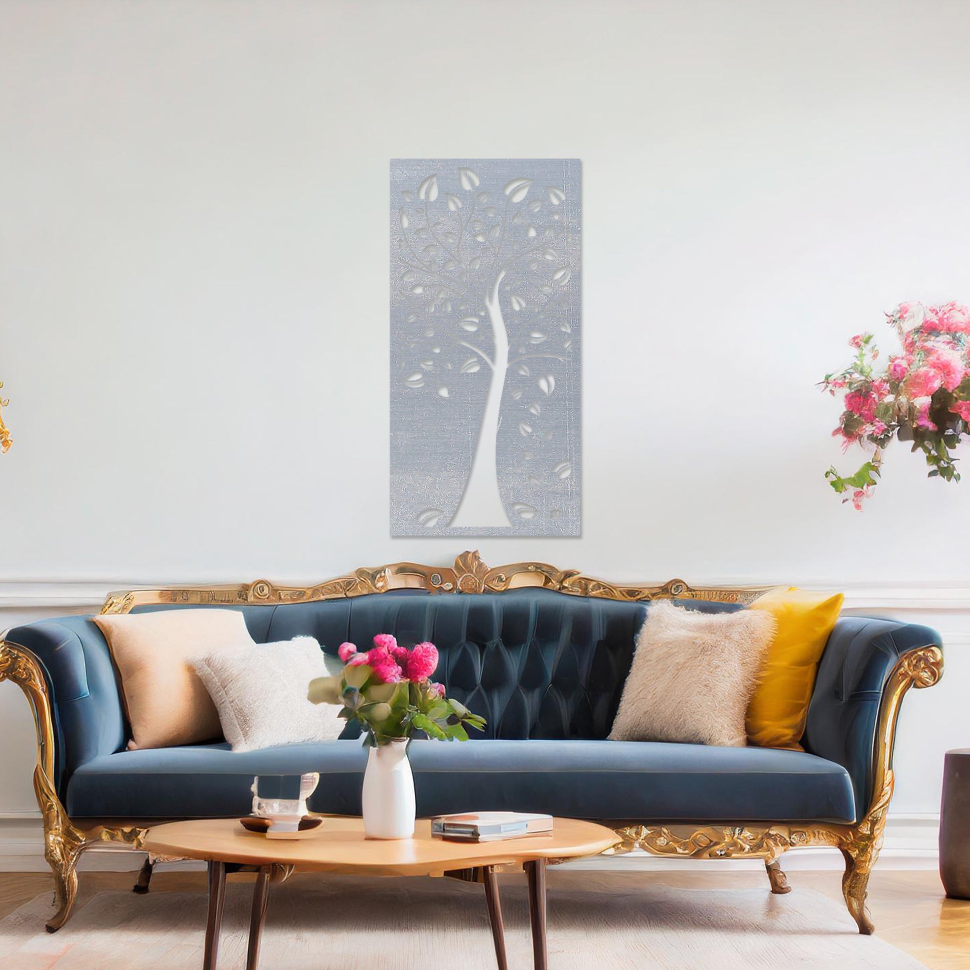 This design showcases a stylized tree with intricate branches and falling leaves, all within a vertical frame. The delicate detailing evokes natural beauty, adding an elegant touch to any modern room.