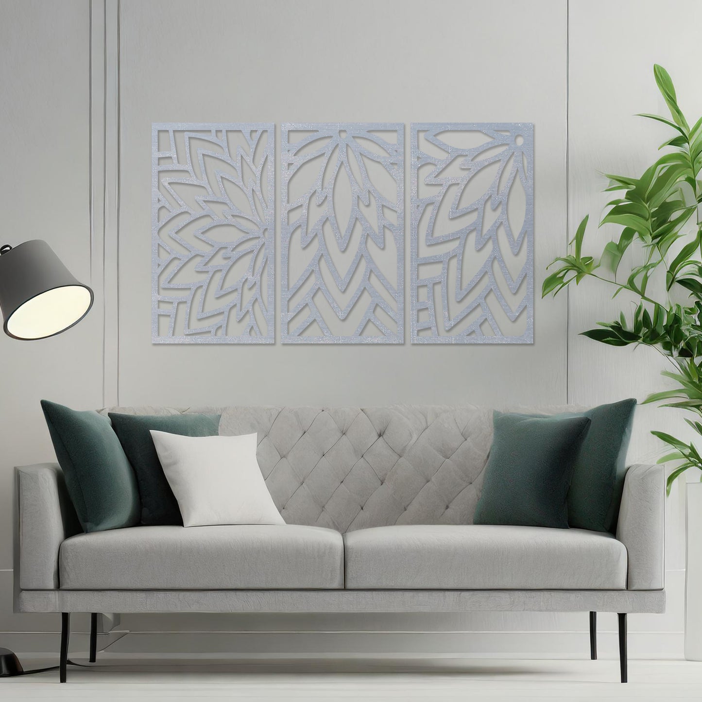 Wooden wall art featuring a three-panel floral-inspired geometric design, displayed on a neutral wall within modern room decor, highlighting its intricate patterns and contemporary craftsmanship.