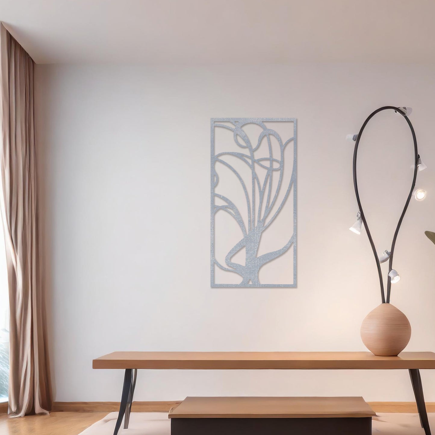 Wooden wall art featuring an abstract floral-inspired design with flowing lines, displayed on a neutral wall within modern room decor, showcasing its elegant and artistic craftsmanship.