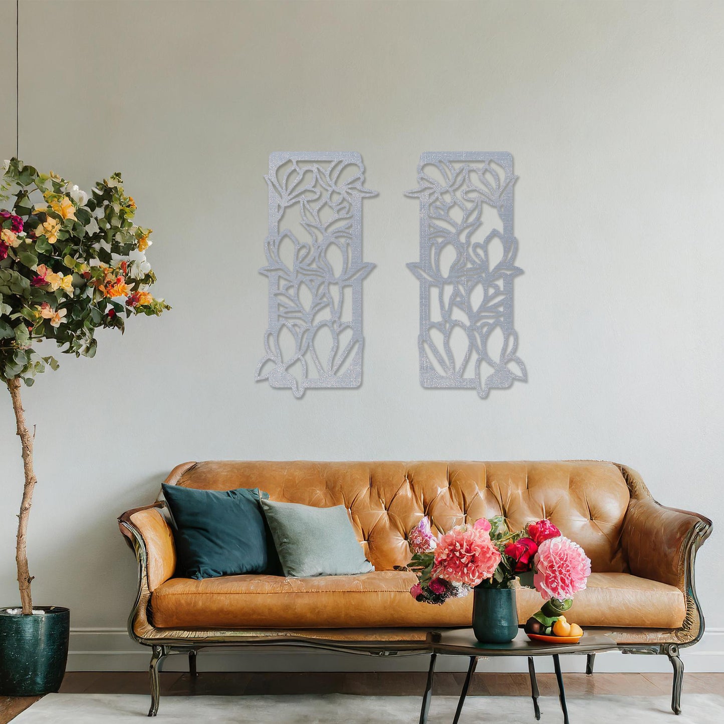 Wooden wall art featuring two rectangular panels with a floral vine design, displayed on a neutral wall within modern room decor, highlighting its elegant and nature-inspired craftsmanship.
