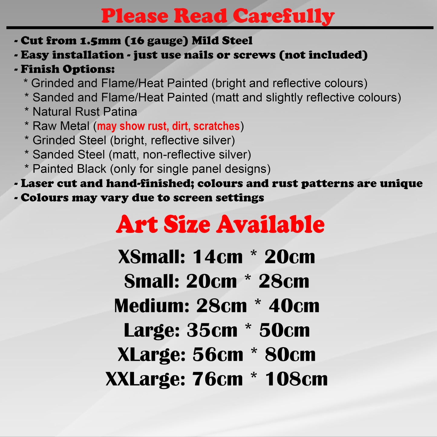 Duke Craft - Metal Garden Art Size Guide and art details, Material, finish options, fittings explained.