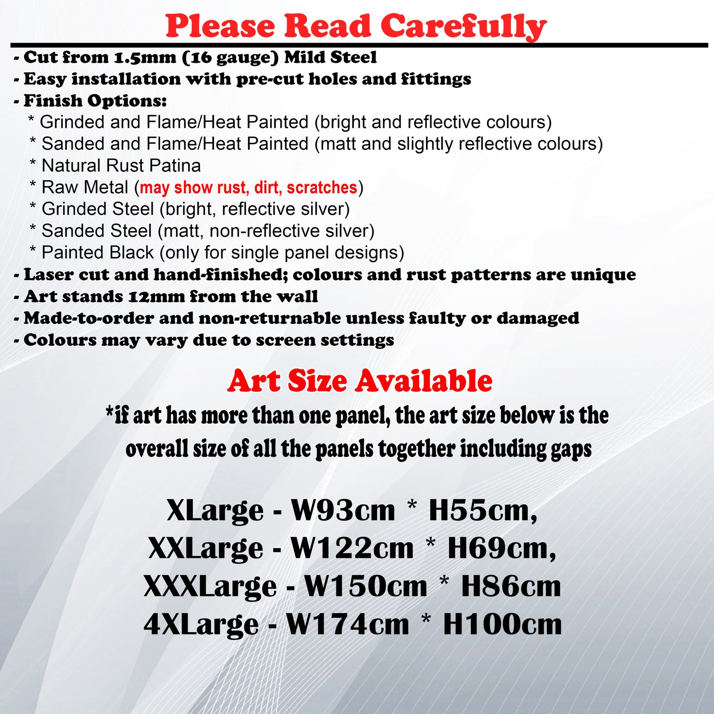 Metal Art Size Guide and art details like Material, finish options, fittings