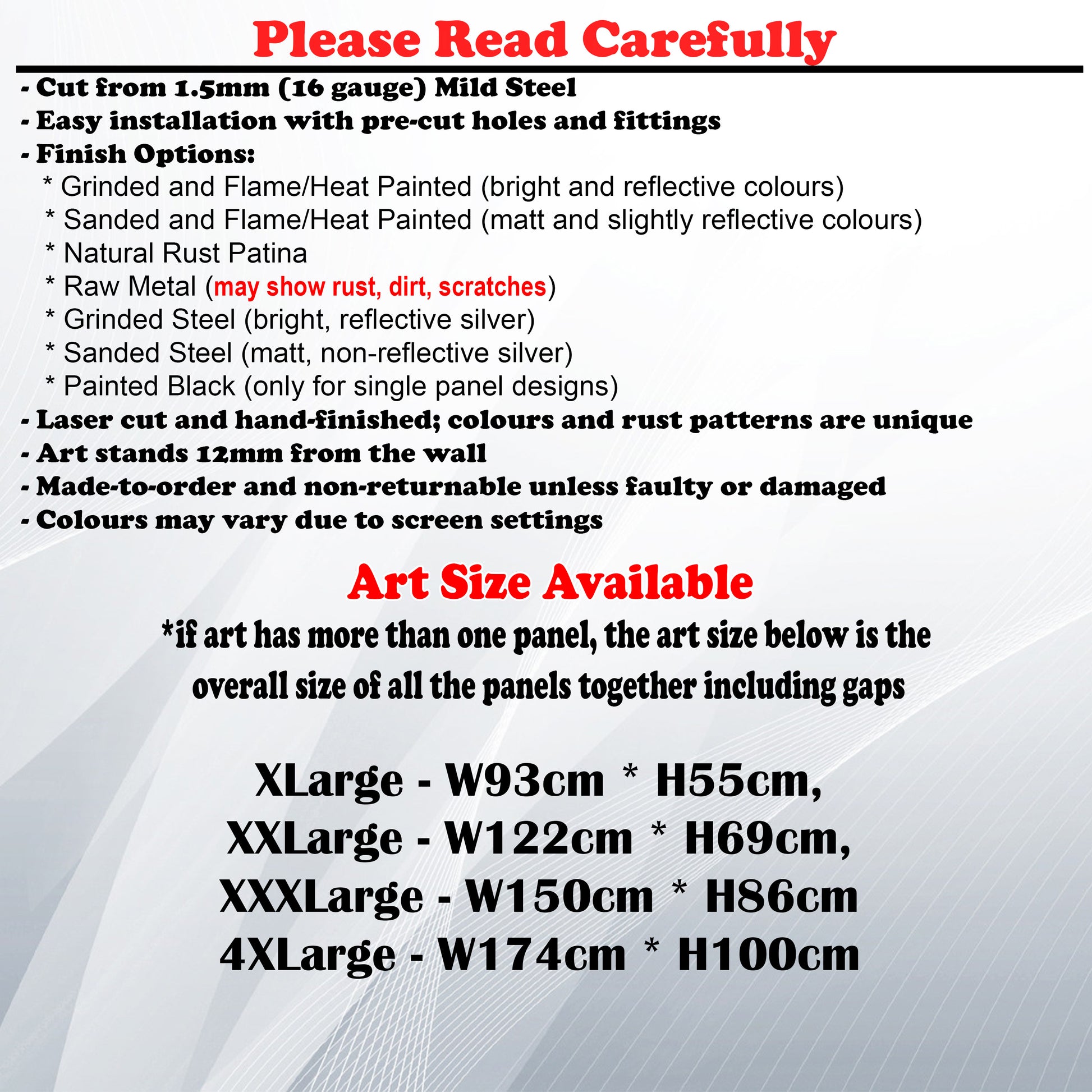 Metal Art Size Guide and art details like Material, finish options, fittings