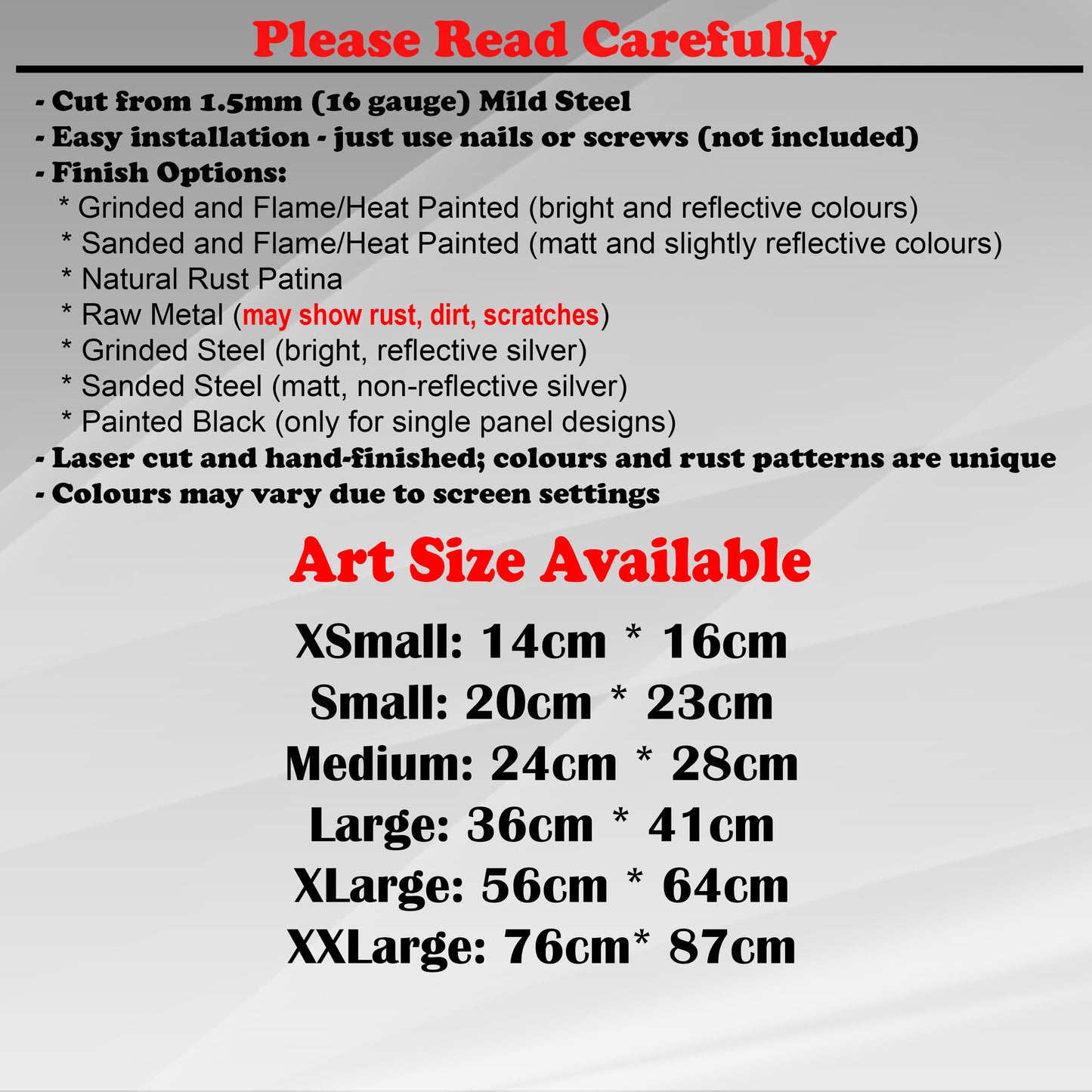 Duke Craft - Metal Garden Art Size Guide and art details, Material, finish options, fittings explained.