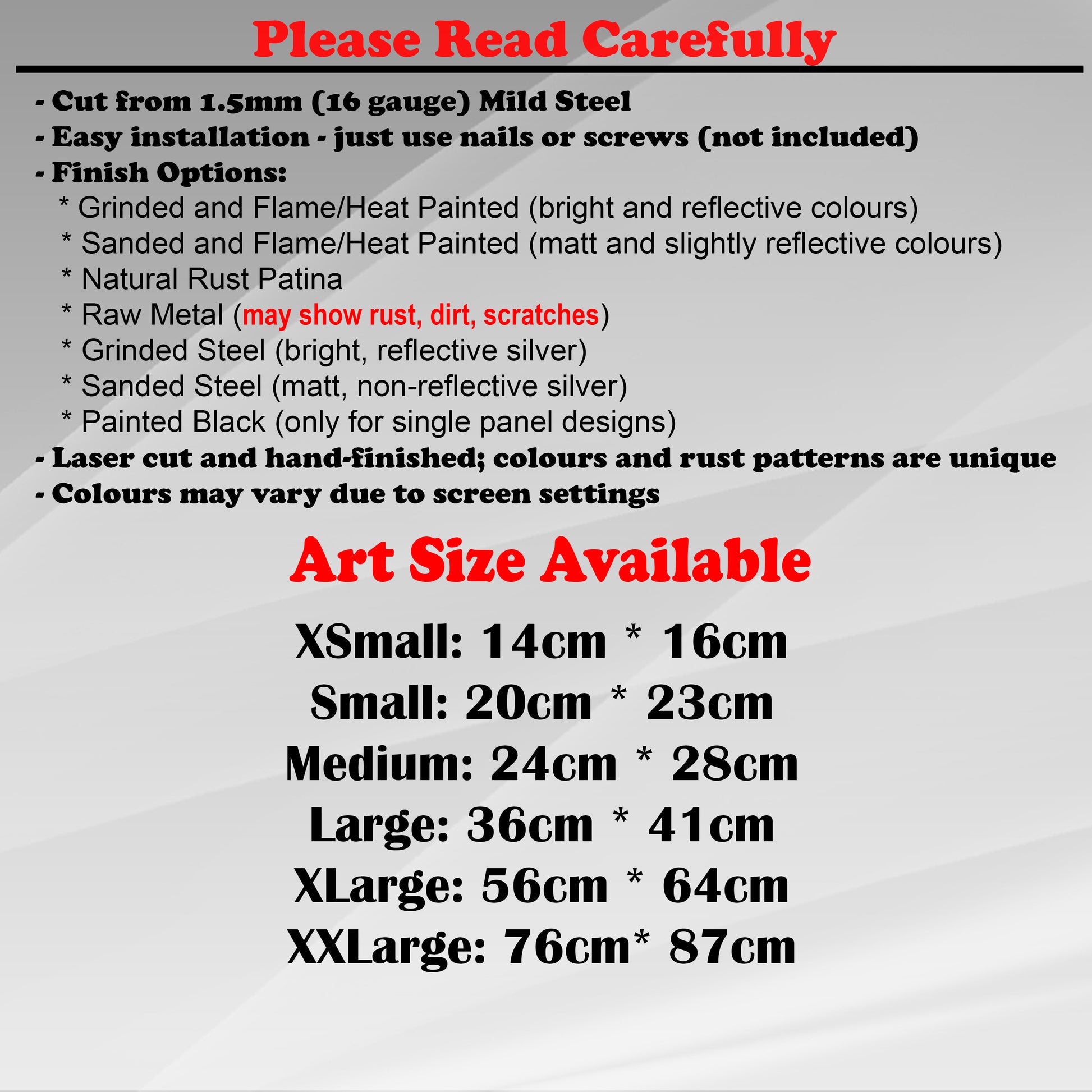 Duke Craft - Metal Garden Art Size Guide and art details, Material, finish options, fittings explained.