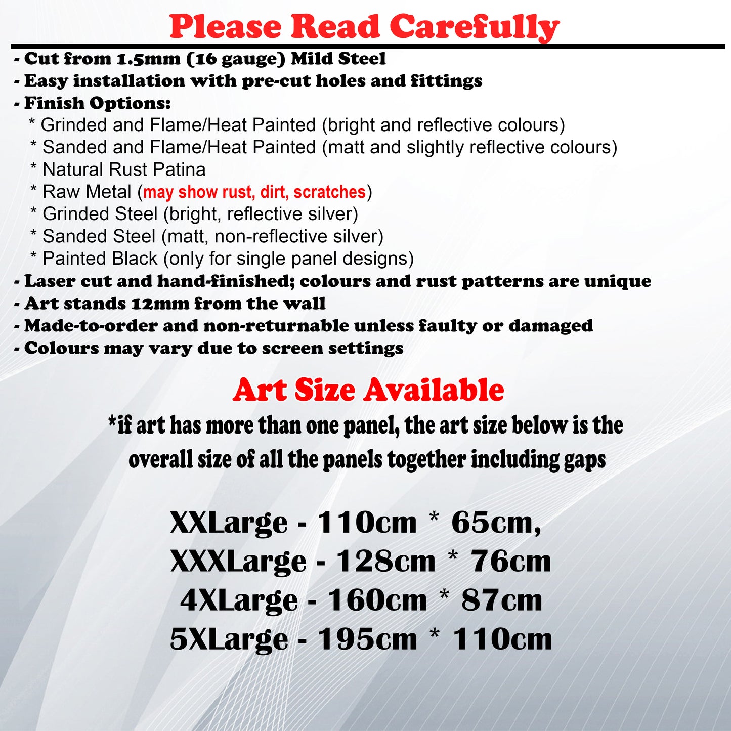 Metal Art Size Guide and art details like Material, finish options, fittings