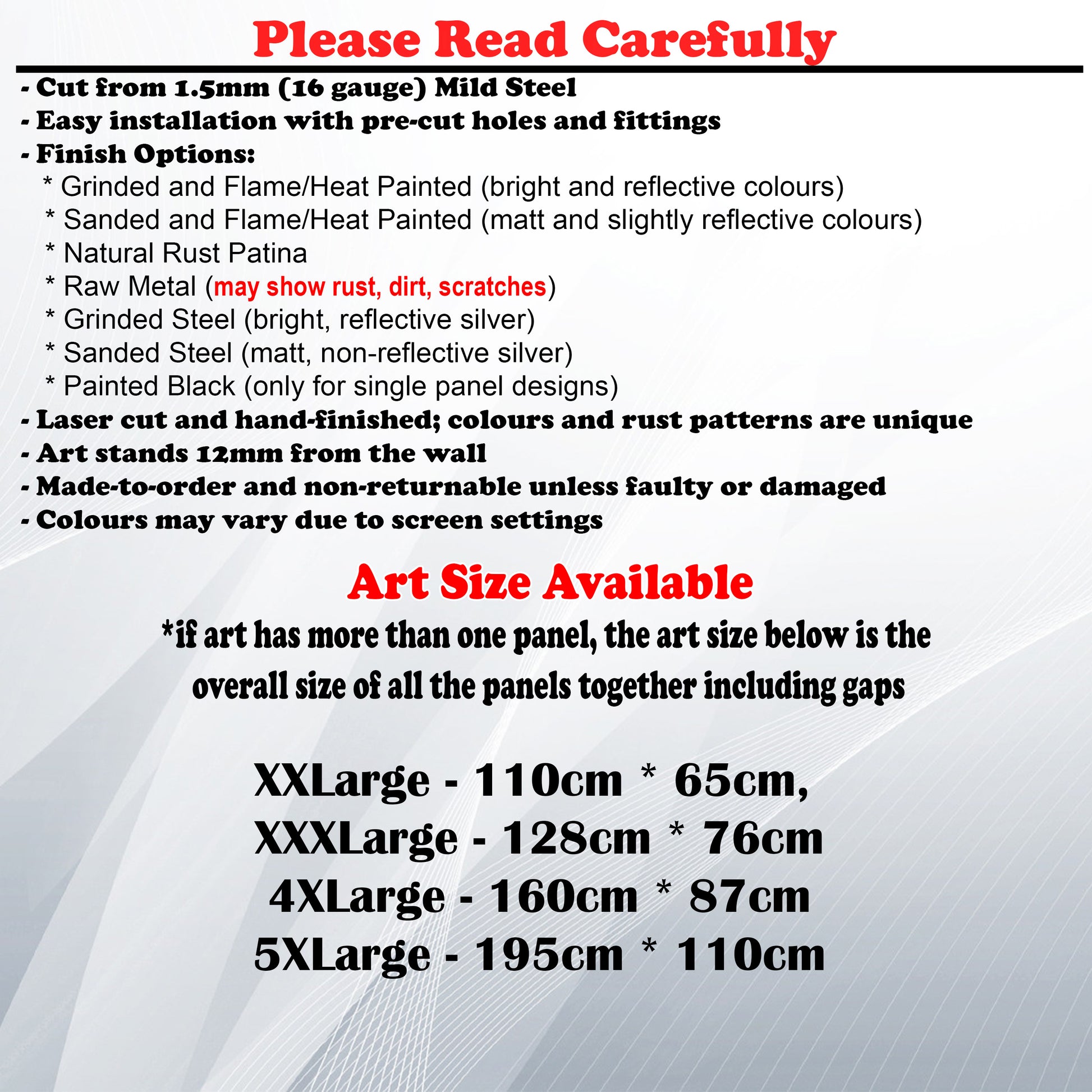 Metal Art Size Guide and art details like Material, finish options, fittings