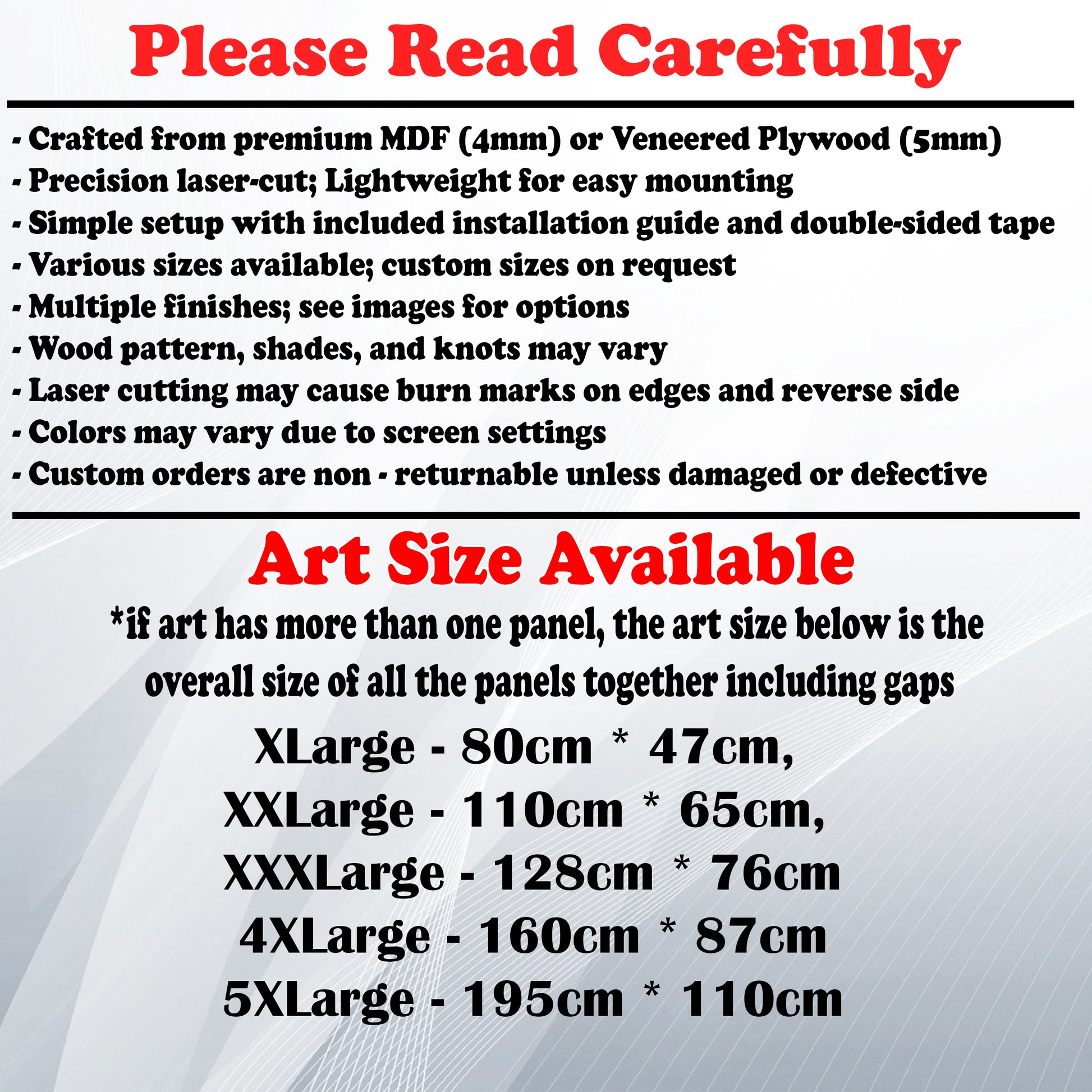 Wooden Art Size Guide and art details, Material, finish options, fittings.