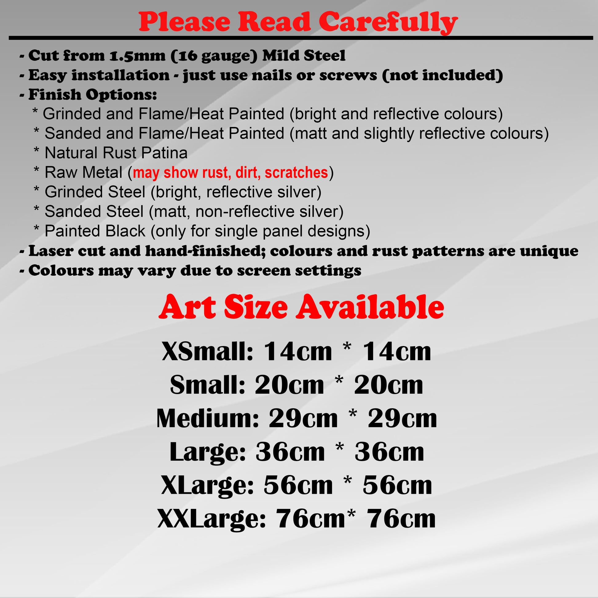 Duke Craft - Metal Garden Art Size Guide and art details, Material, finish options, fittings explained.