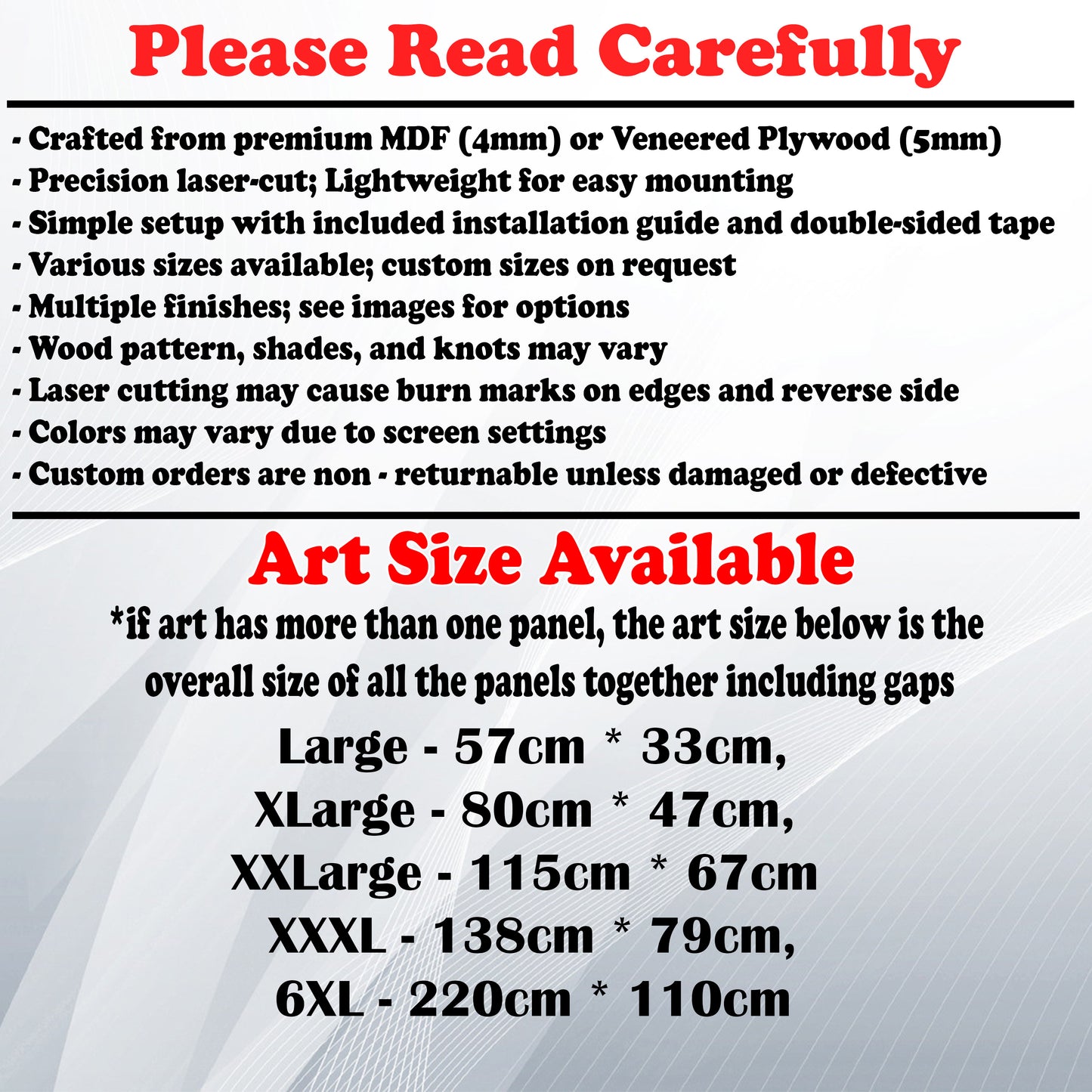 Wooden Art Size Guide and art details, Material, finish options, fittings.