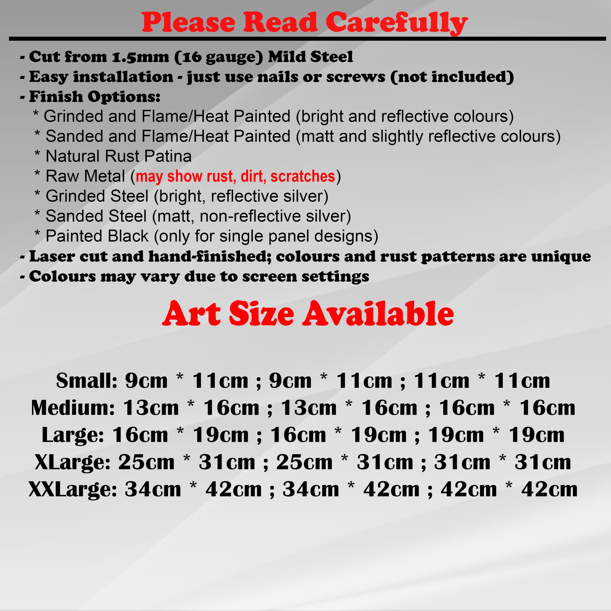 Duke Craft - Metal Garden Art Size Guide and art details, Material, finish options, fittings explained.
