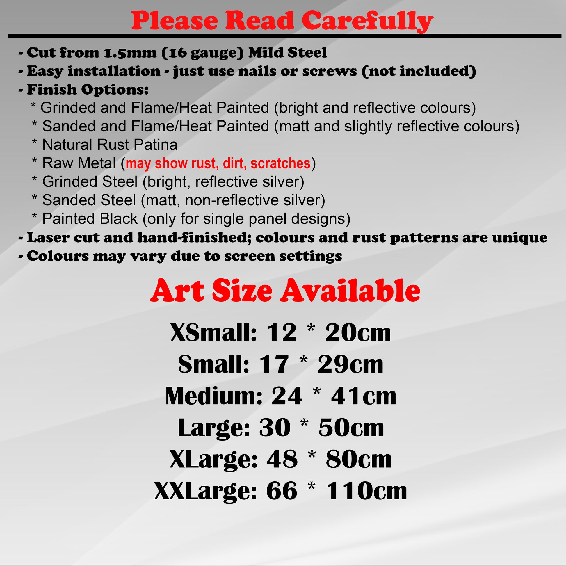 Duke Craft - Metal Garden Art Size Guide and art details, Material, finish options, fittings explained.