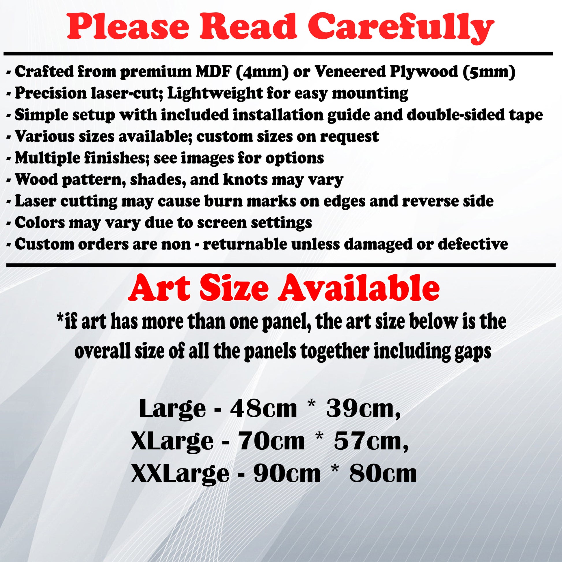 Wooden Art Size Guide and art details, Material, finish options, fittings.