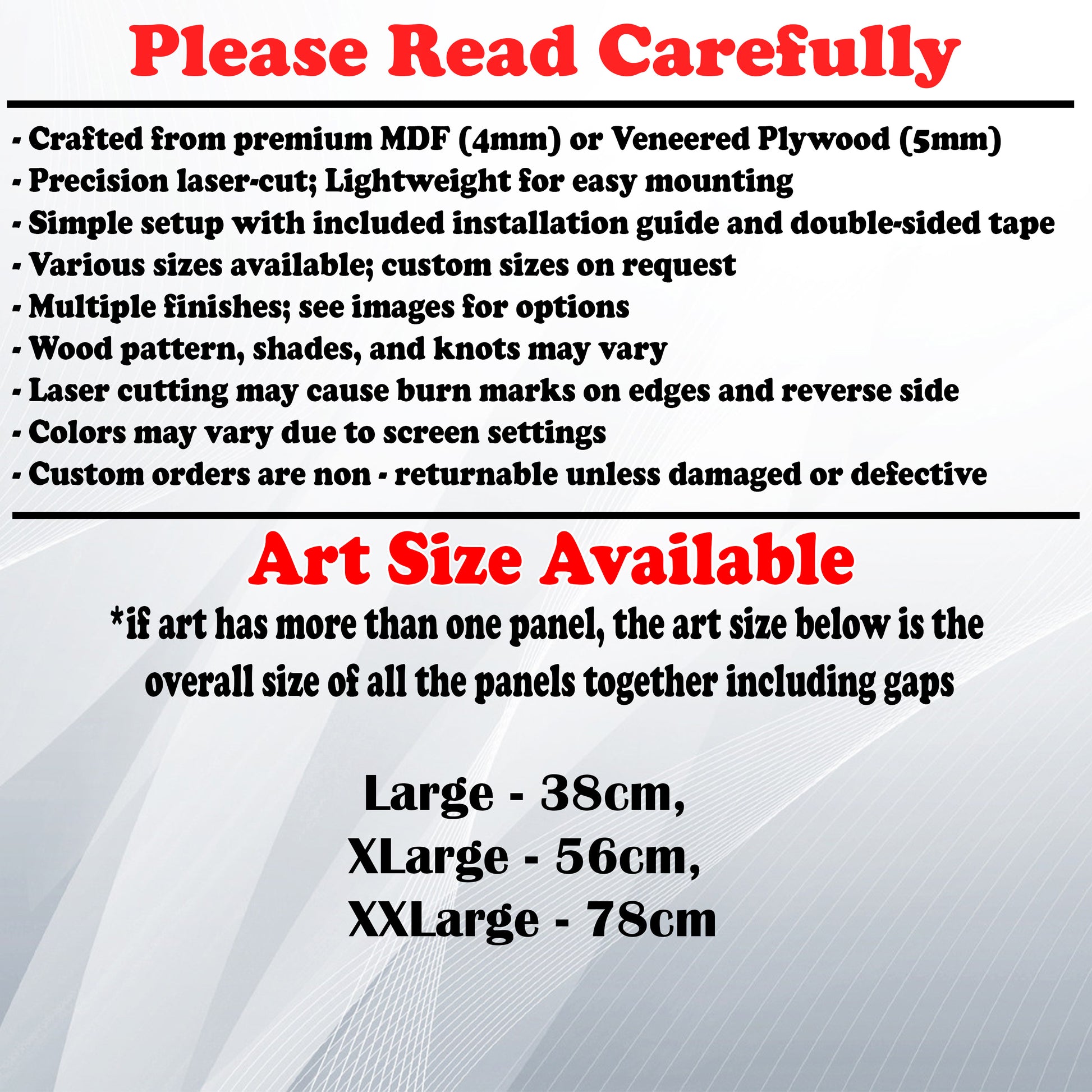 Wooden Art Size Guide and art details, Material, finish options, fittings.