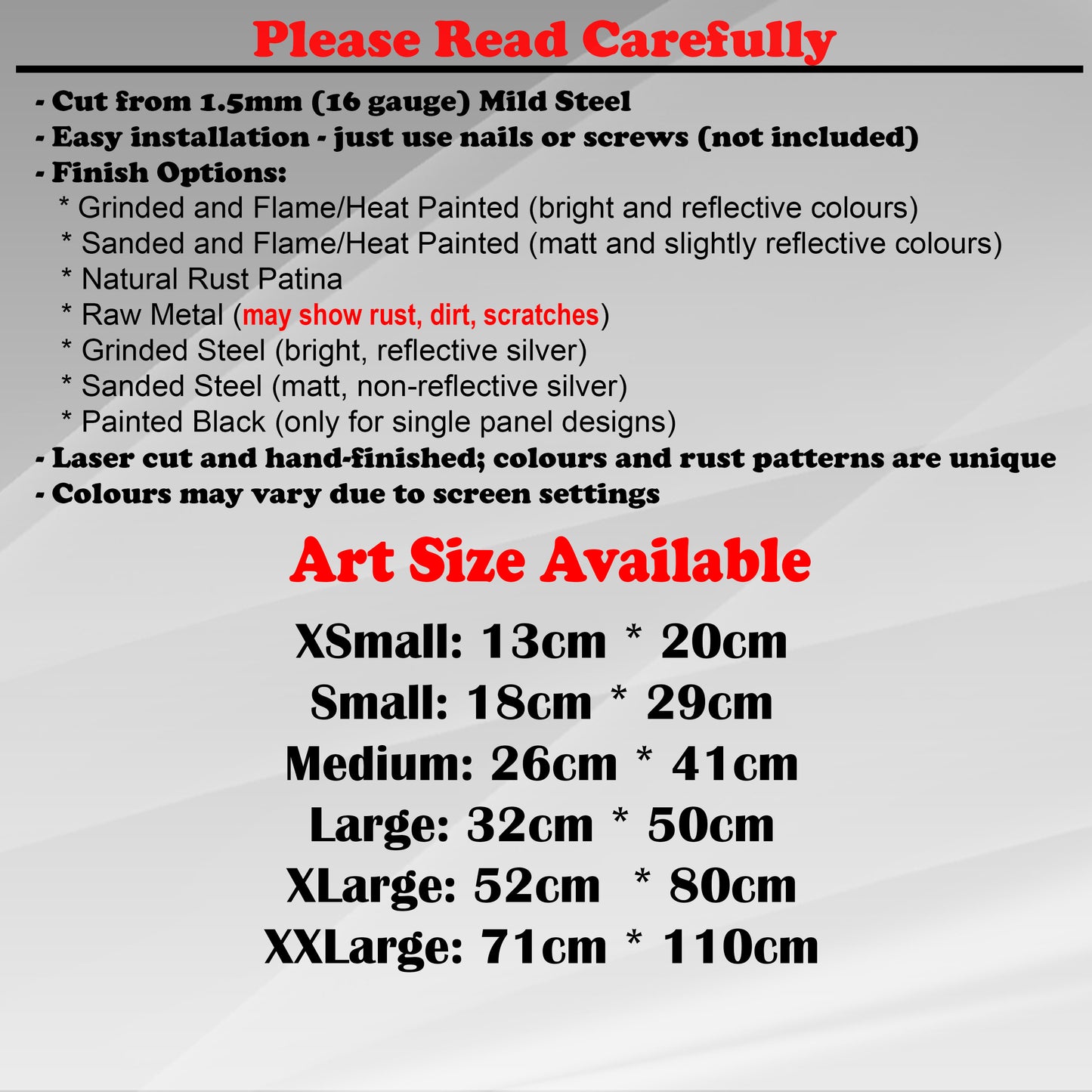Duke Craft - Metal Garden Art Size Guide and art details, Material, finish options, fittings explained.