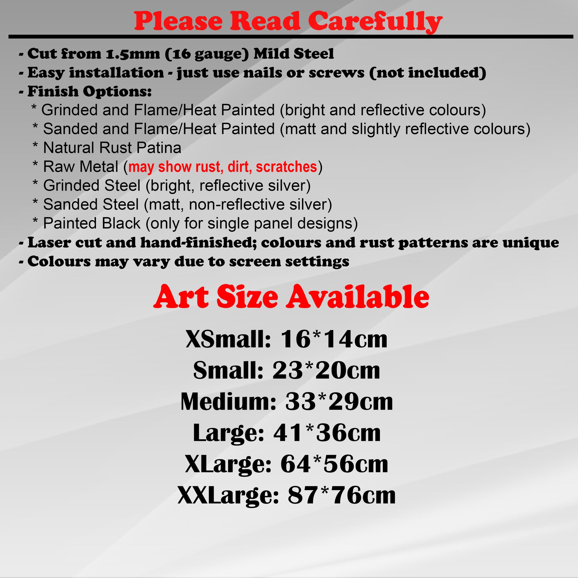 Duke Craft - Metal Garden Art Size Guide and art details, Material, finish options, fittings explained.