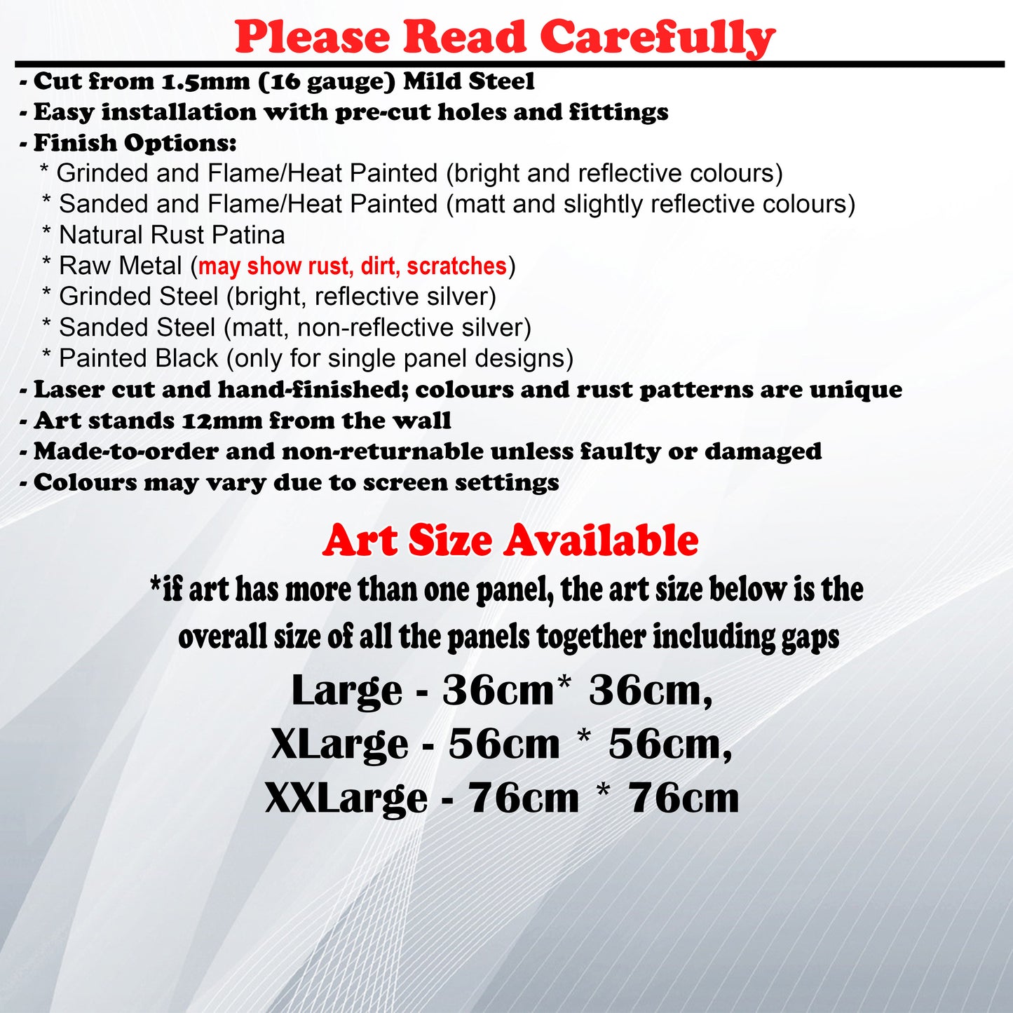 Metal Art Size Guide and art details like Material, finish options, fittings